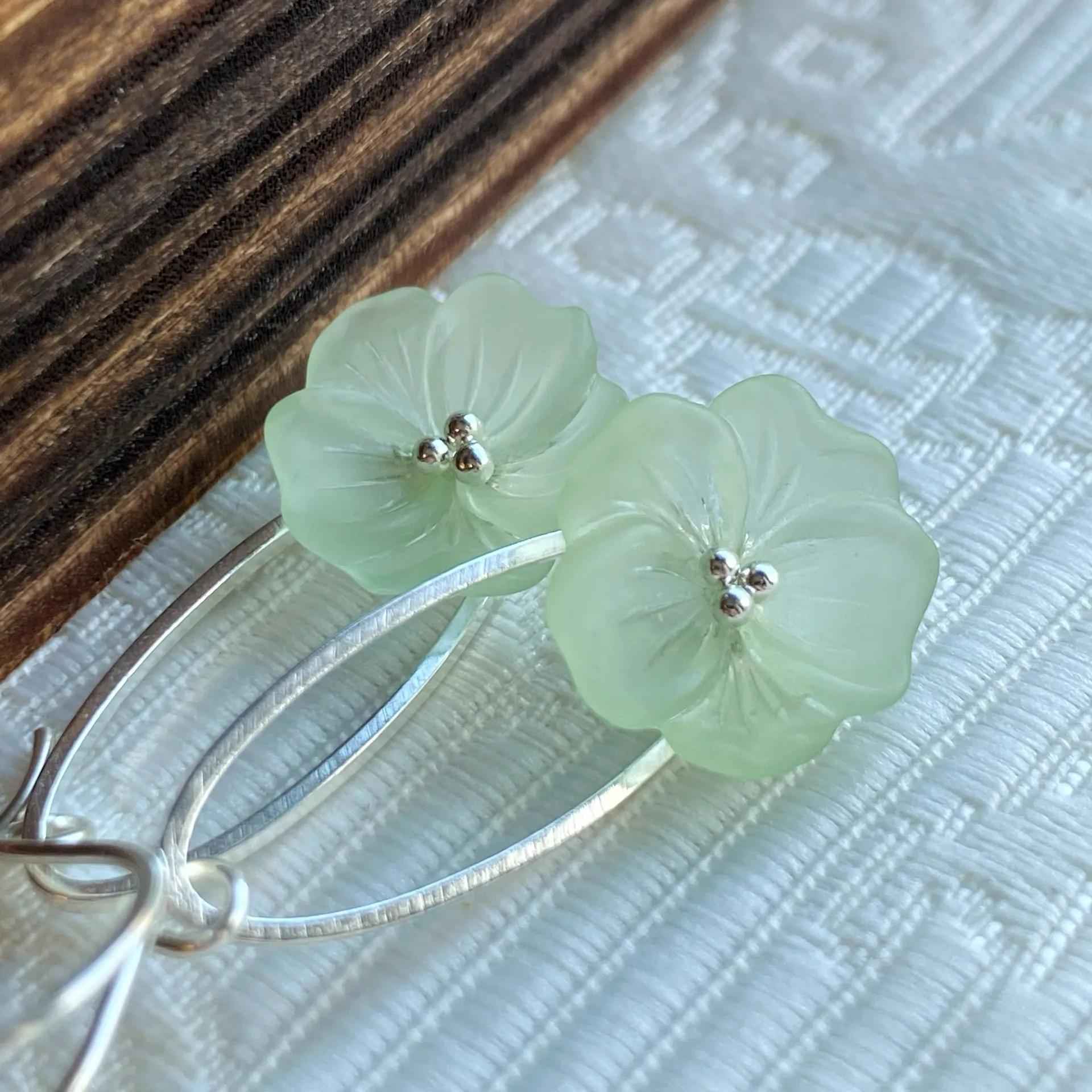 Clearance Mint green flower earrings on silver ovals, sterling ear hooks