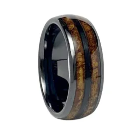 Comfort Fit 8mm Domed Black High-Tech Ceramic Wedding Ring With a Tobacco Leaf Inlay