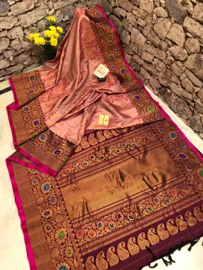 Coral Pink Color Pure Gadwal Silk with Meenakari & Brocade Work