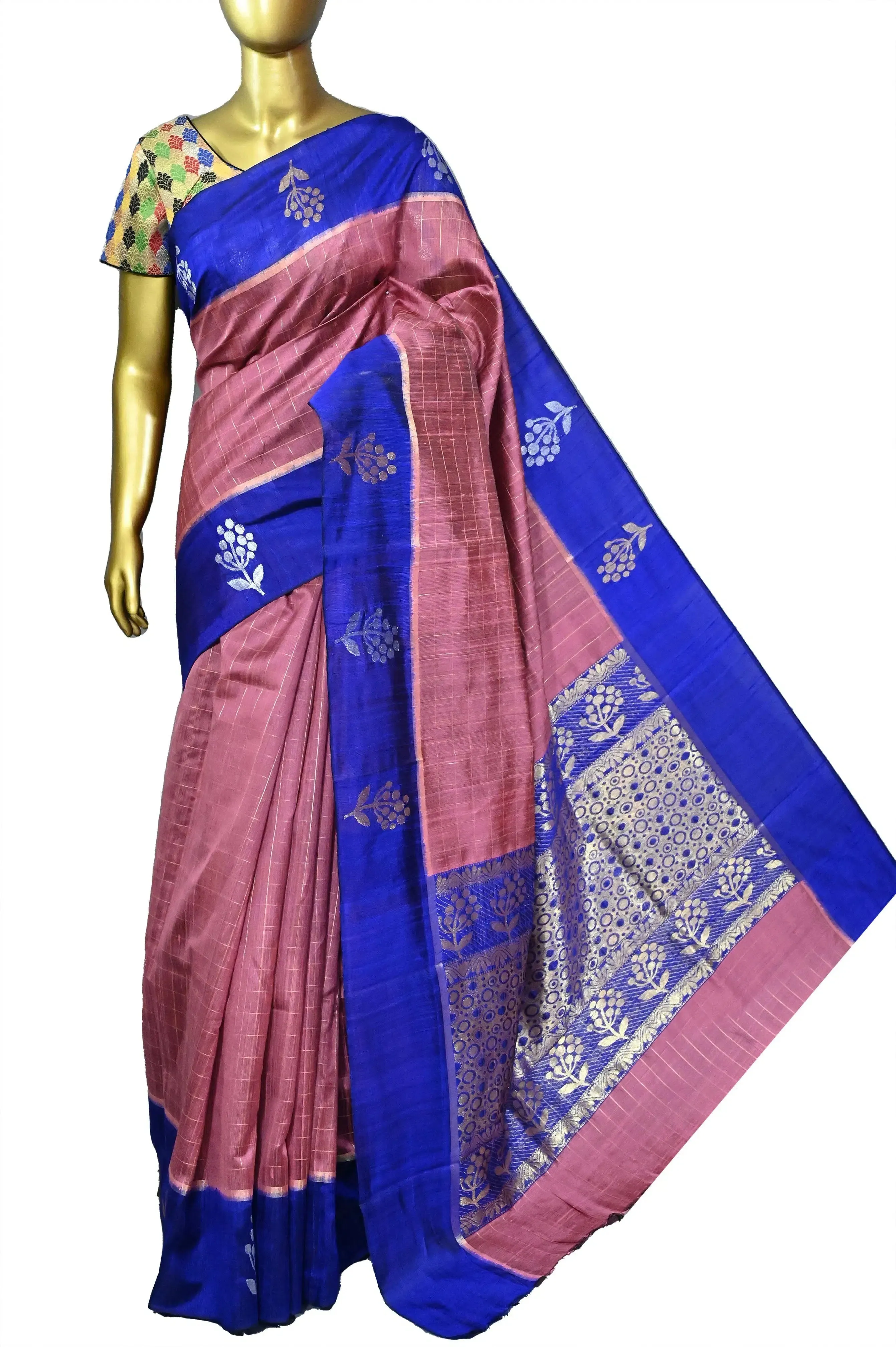 Dark Onion Pink Color Pure Raw Silk Saree with Allover Golden Checks and Zari Weaving