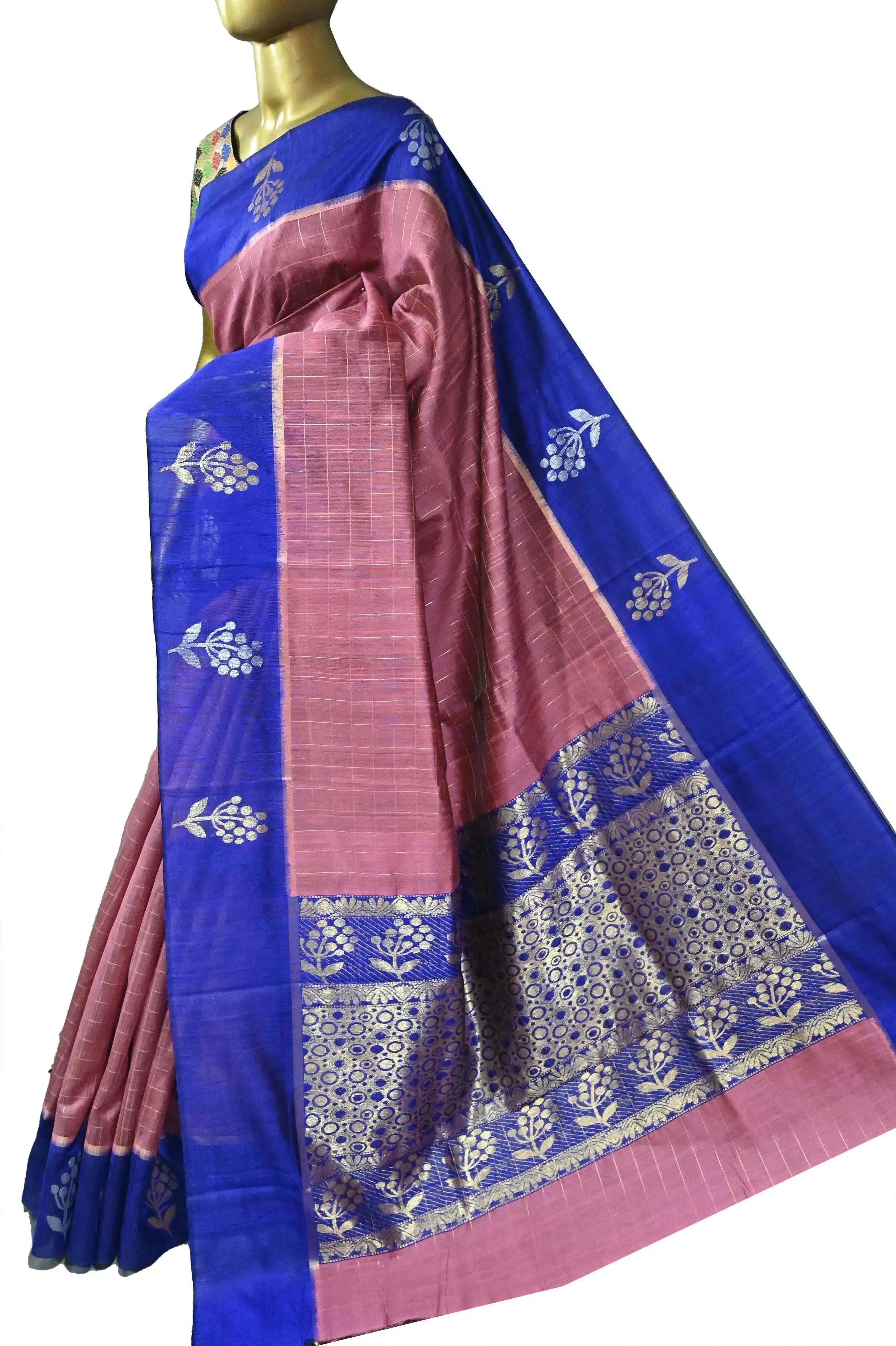 Dark Onion Pink Color Pure Raw Silk Saree with Allover Golden Checks and Zari Weaving