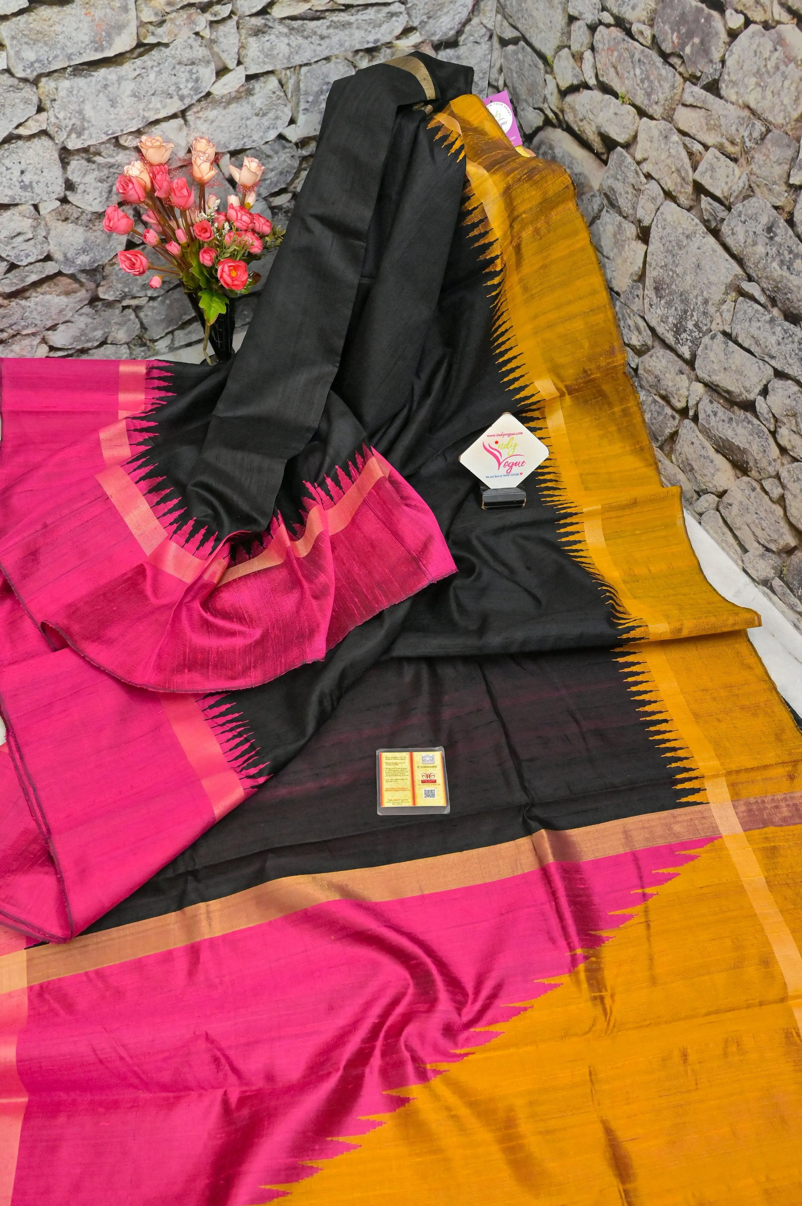 Deep Black Color Raw Silk Saree with Ganga Jamuna Border