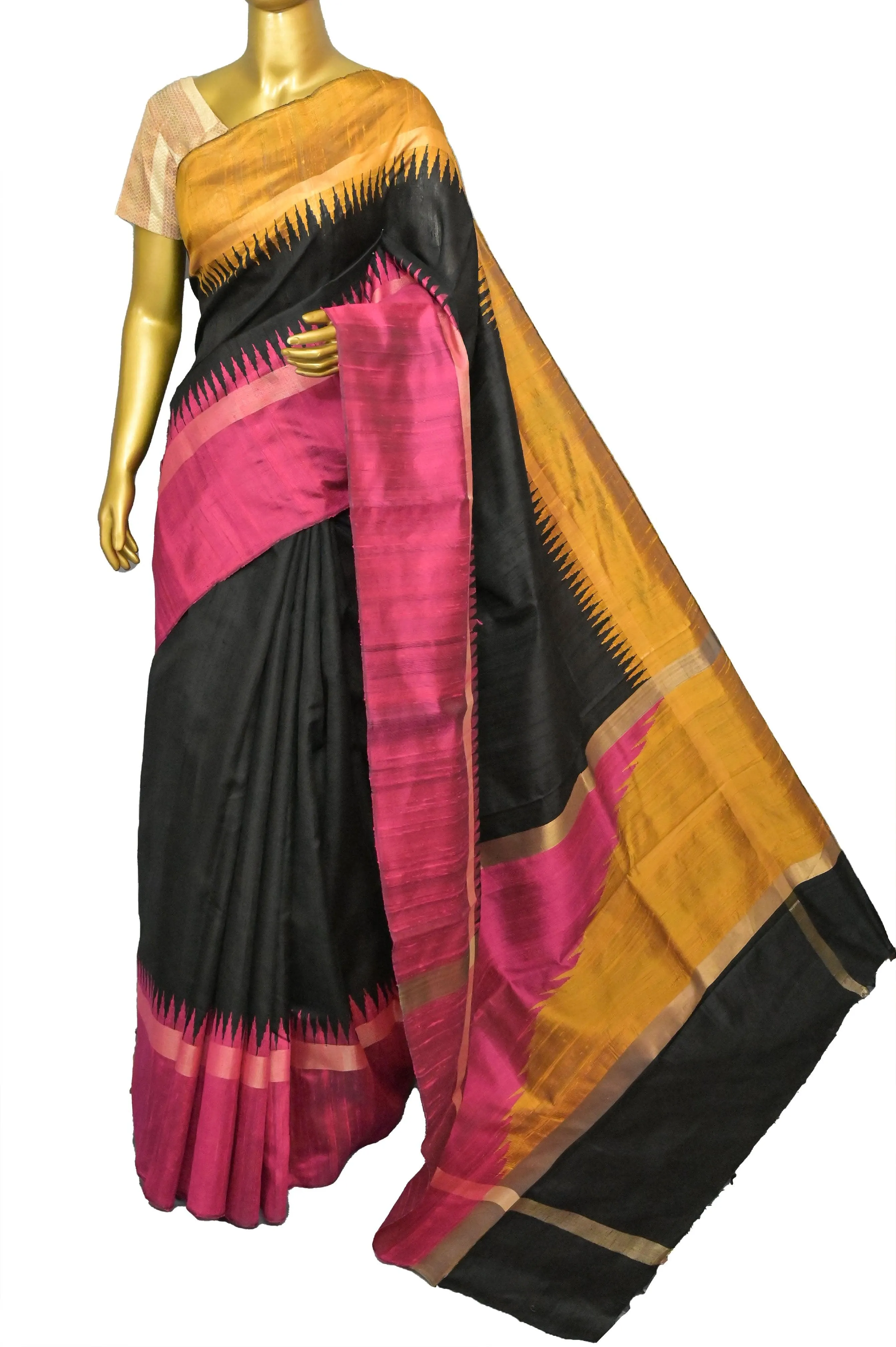 Deep Black Color Raw Silk Saree with Ganga Jamuna Border