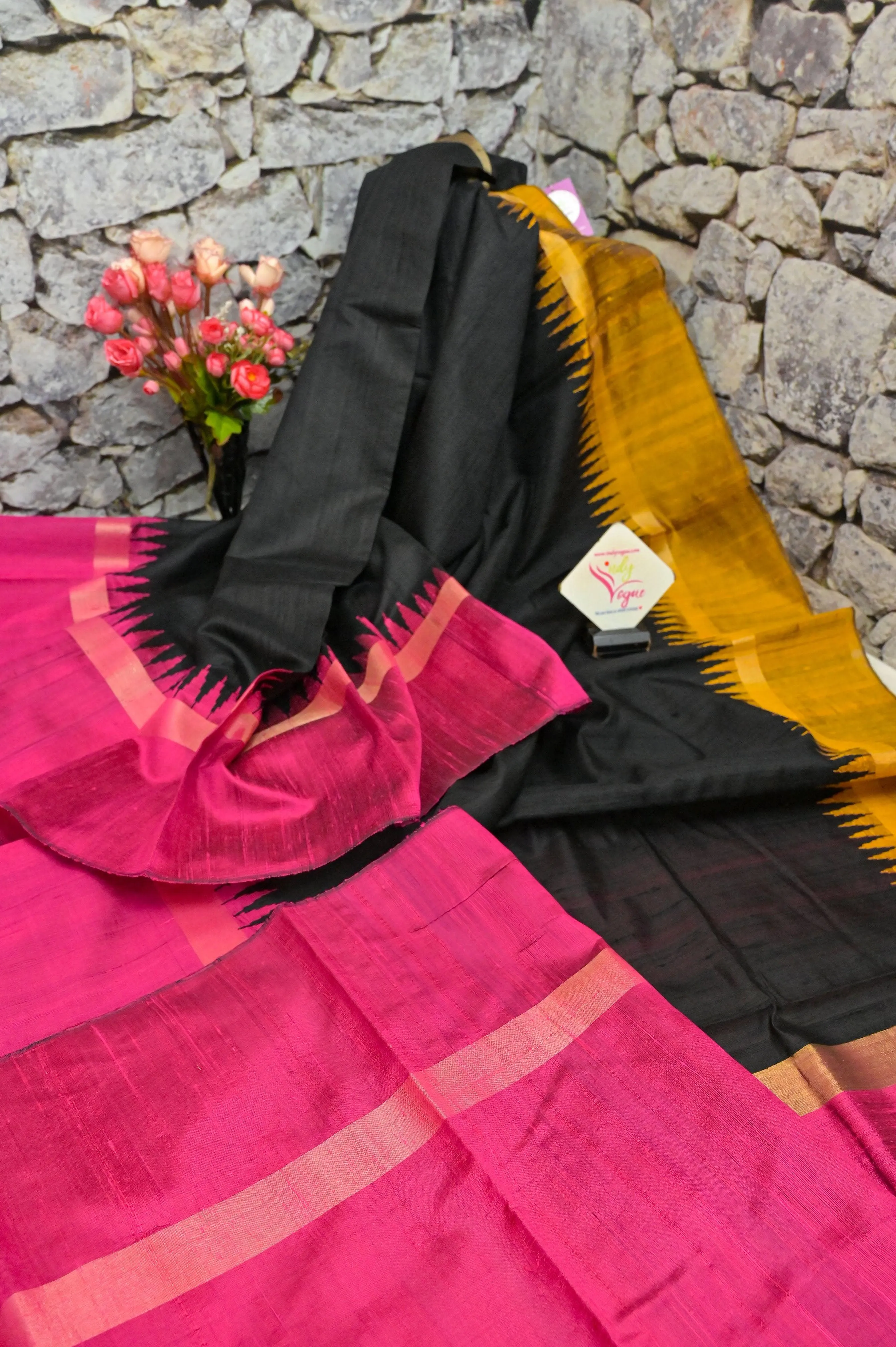 Deep Black Color Raw Silk Saree with Ganga Jamuna Border