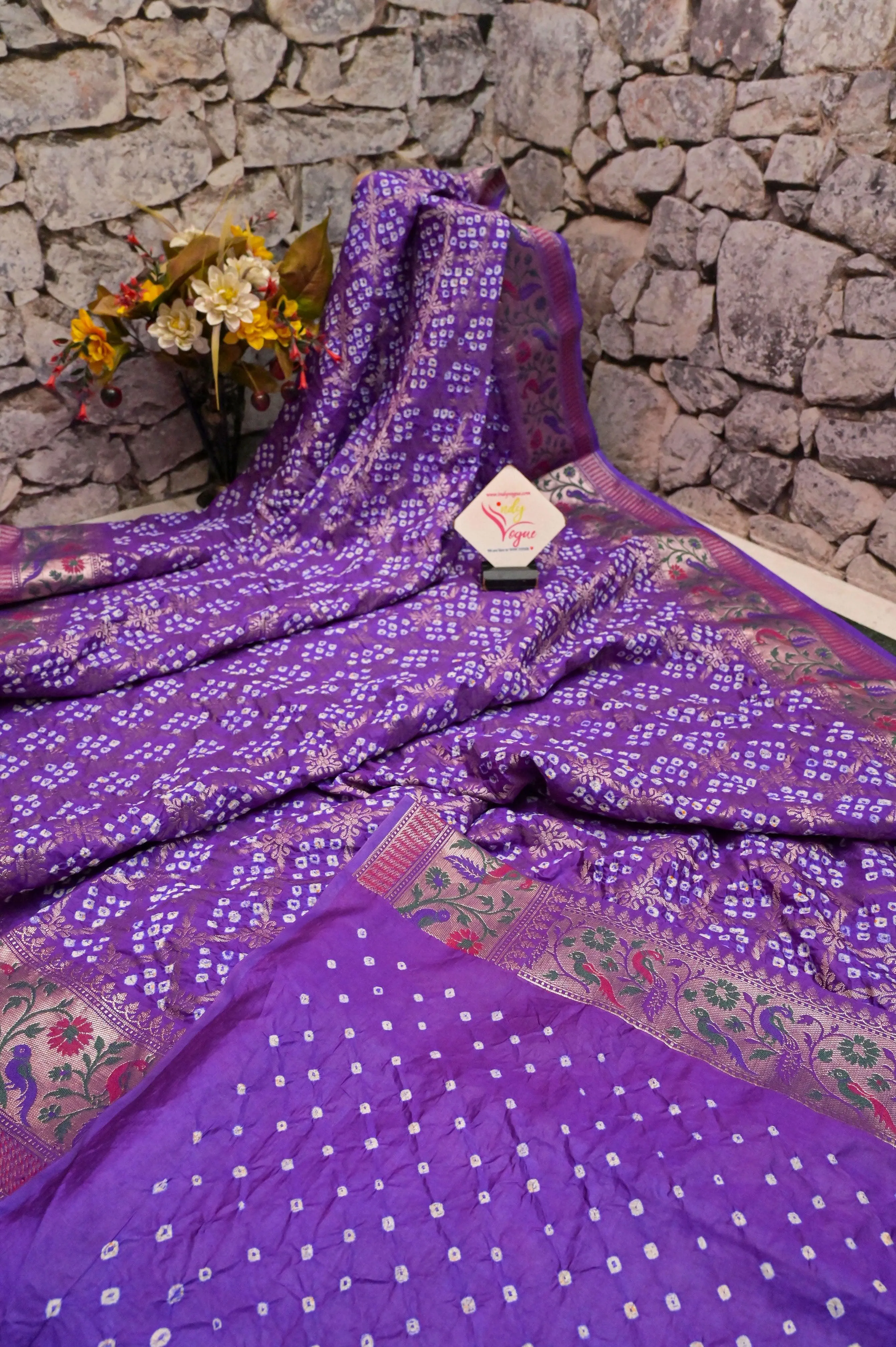 Deep Purple Color Dupion Silk Saree with Hand Bandhani with Paithani Design