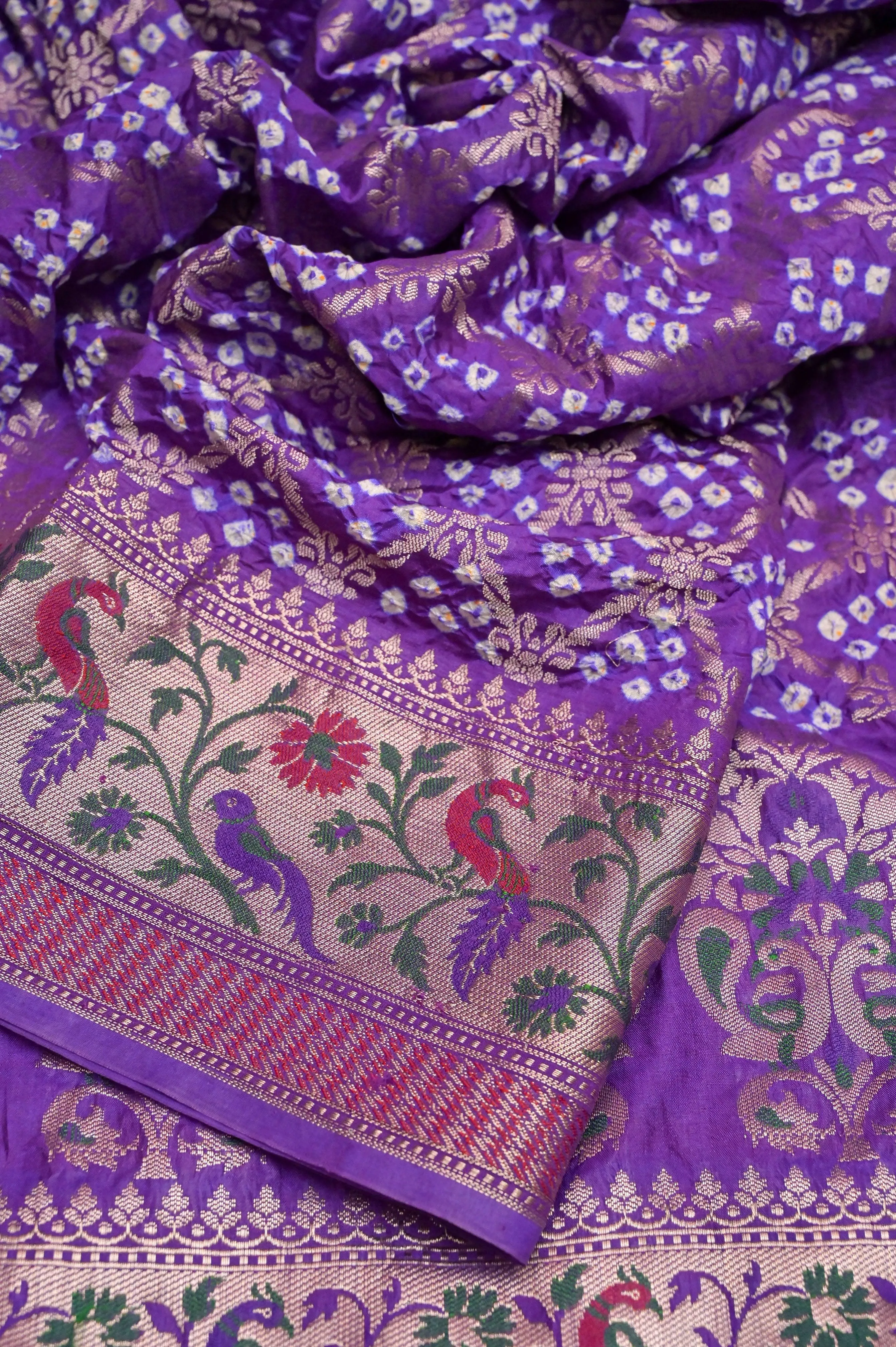 Deep Purple Color Dupion Silk Saree with Hand Bandhani with Paithani Design