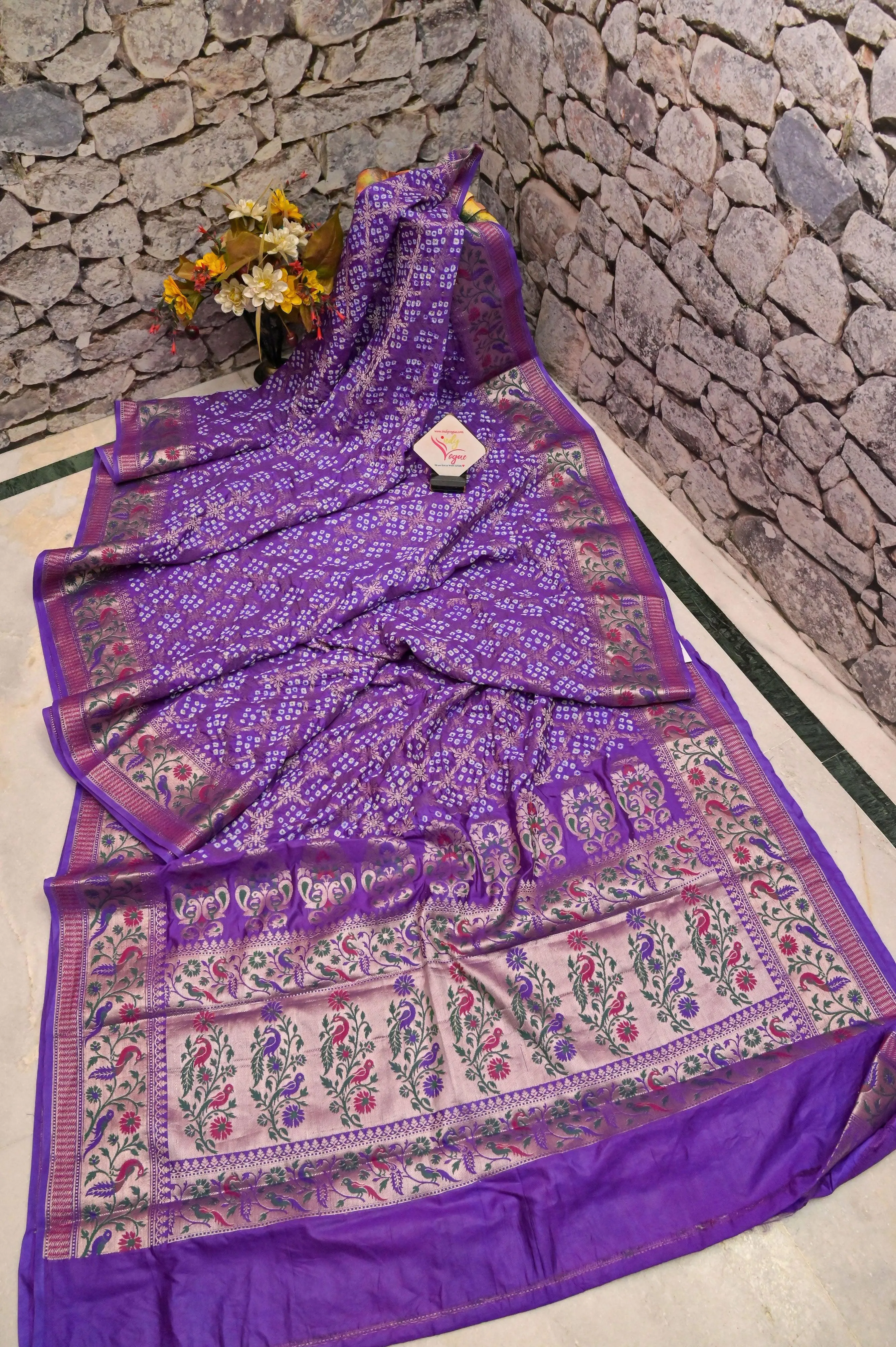 Deep Purple Color Dupion Silk Saree with Hand Bandhani with Paithani Design