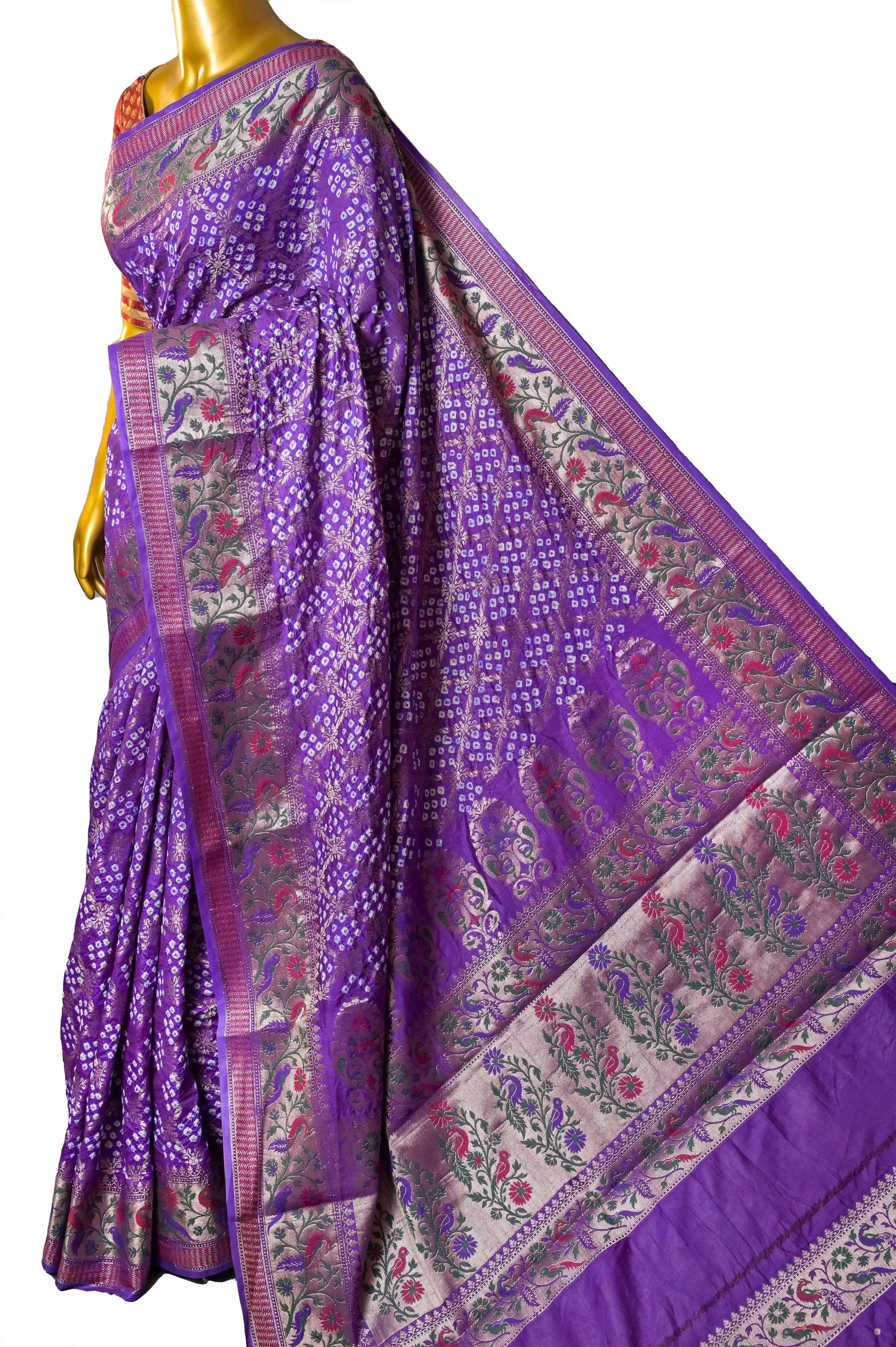 Deep Purple Color Dupion Silk Saree with Hand Bandhani with Paithani Design