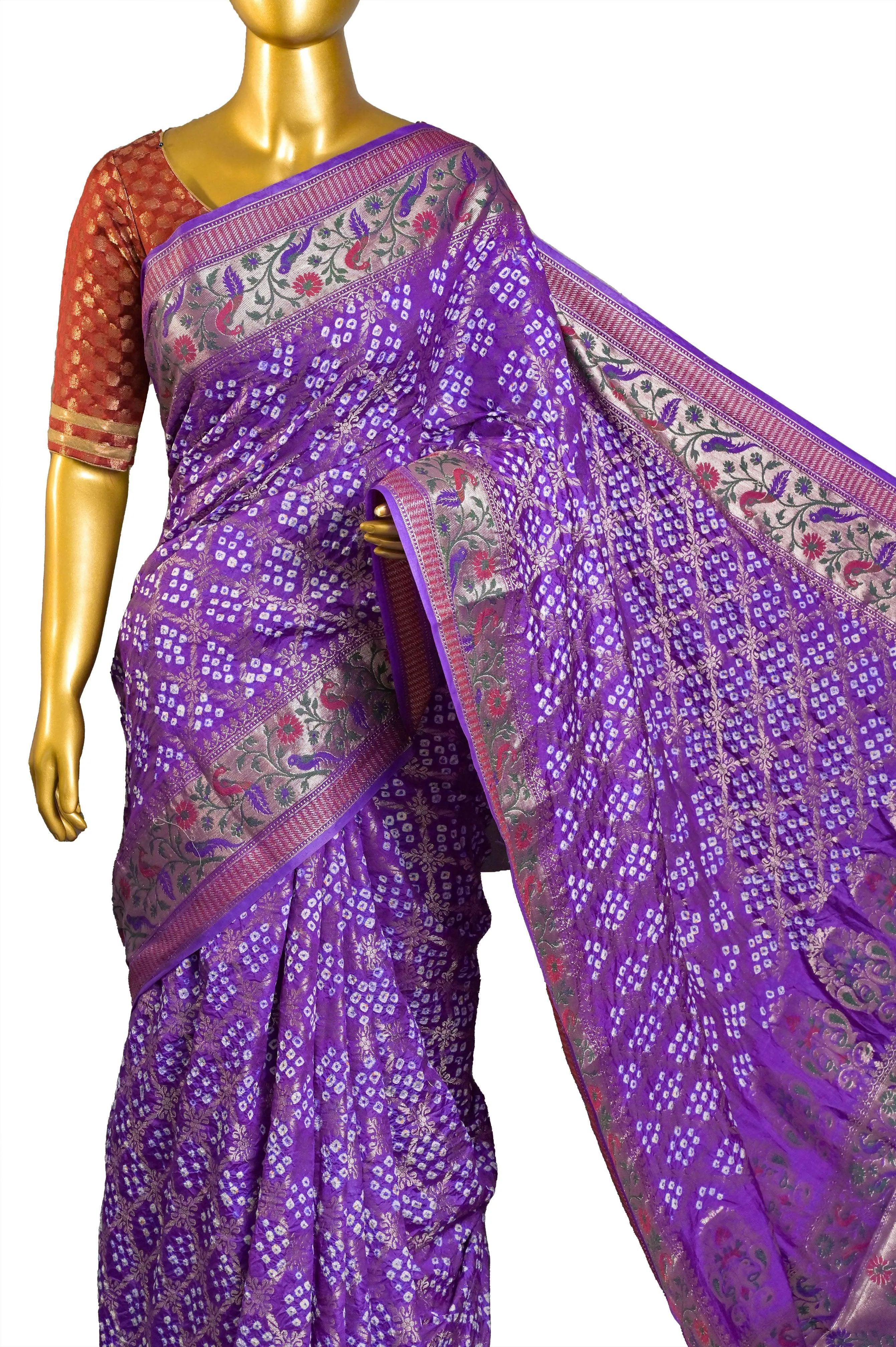 Deep Purple Color Dupion Silk Saree with Hand Bandhani with Paithani Design