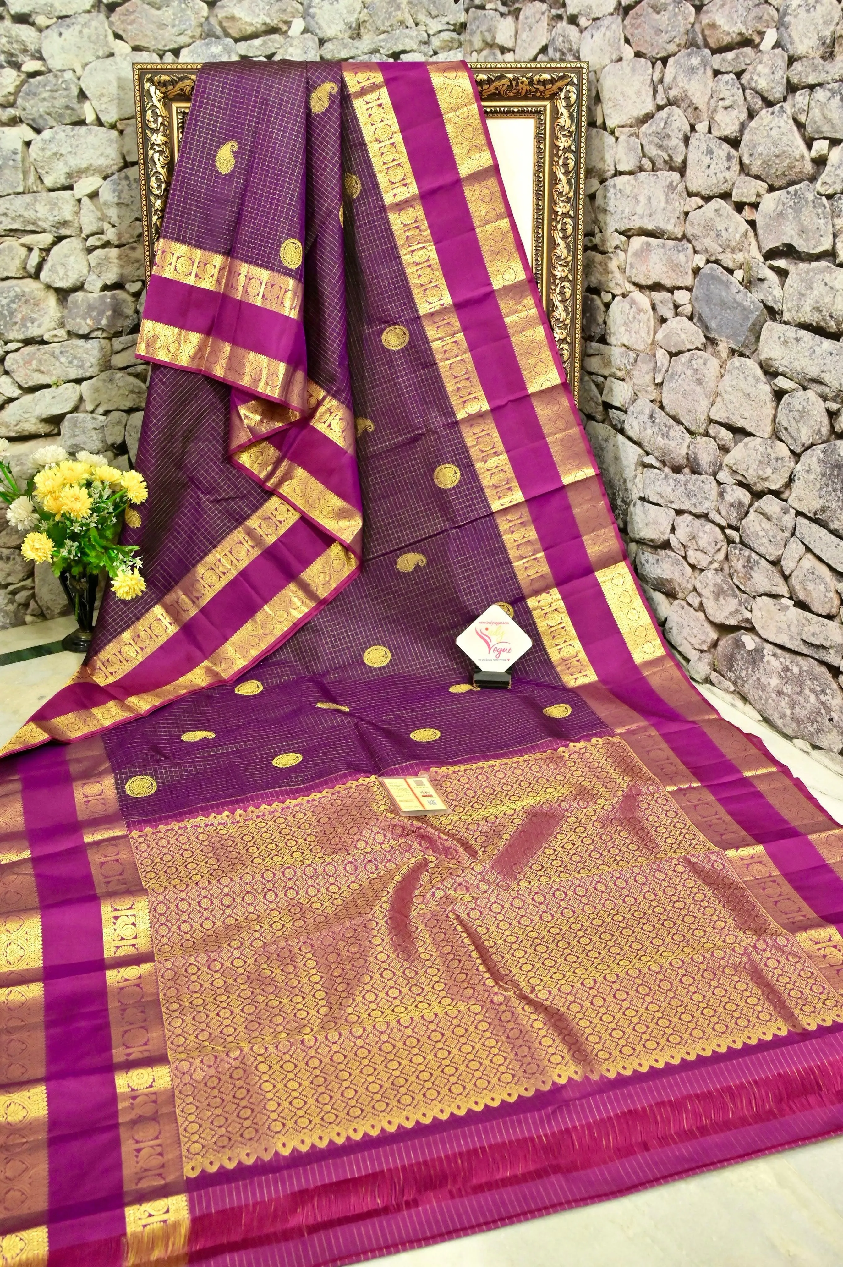 Deep Purple Wine Color Kanjeevaram Silk Saree with Allover Zari Checks and Gap Zari Border