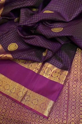 Deep Purple Wine Color Kanjeevaram Silk Saree with Allover Zari Checks and Gap Zari Border