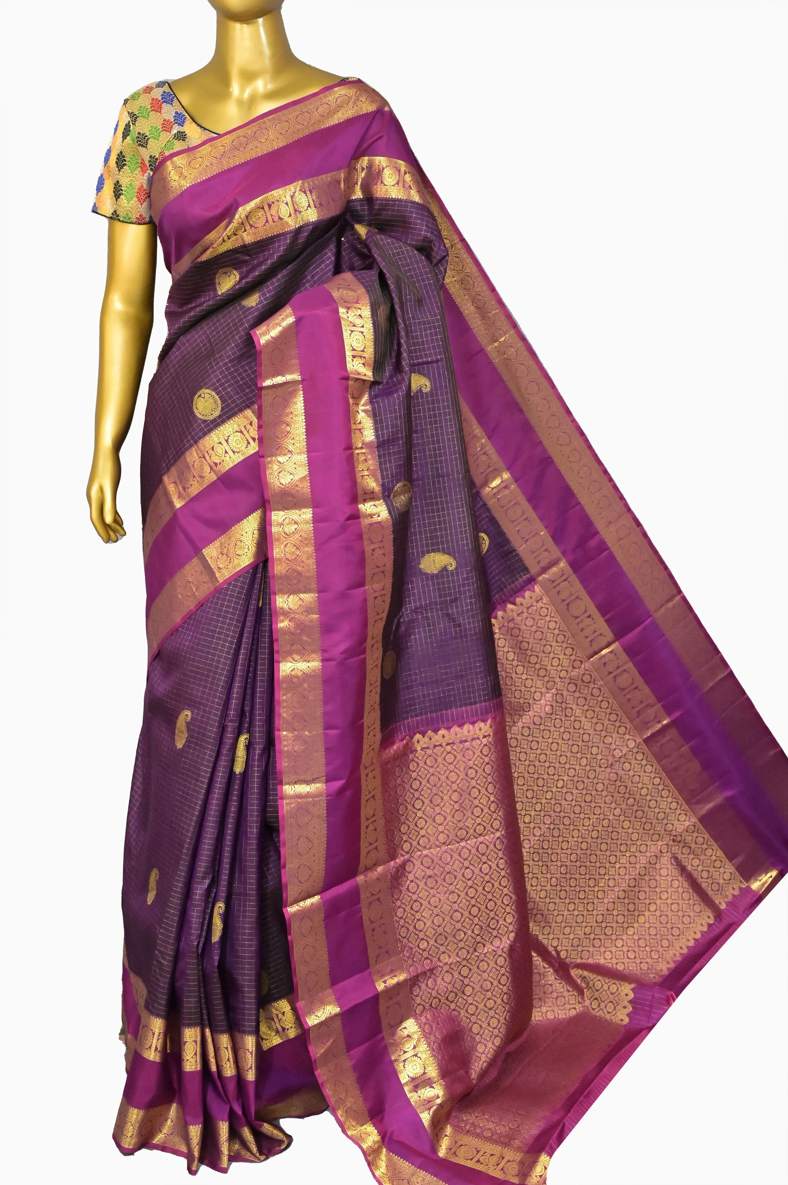 Deep Purple Wine Color Kanjeevaram Silk Saree with Allover Zari Checks and Gap Zari Border