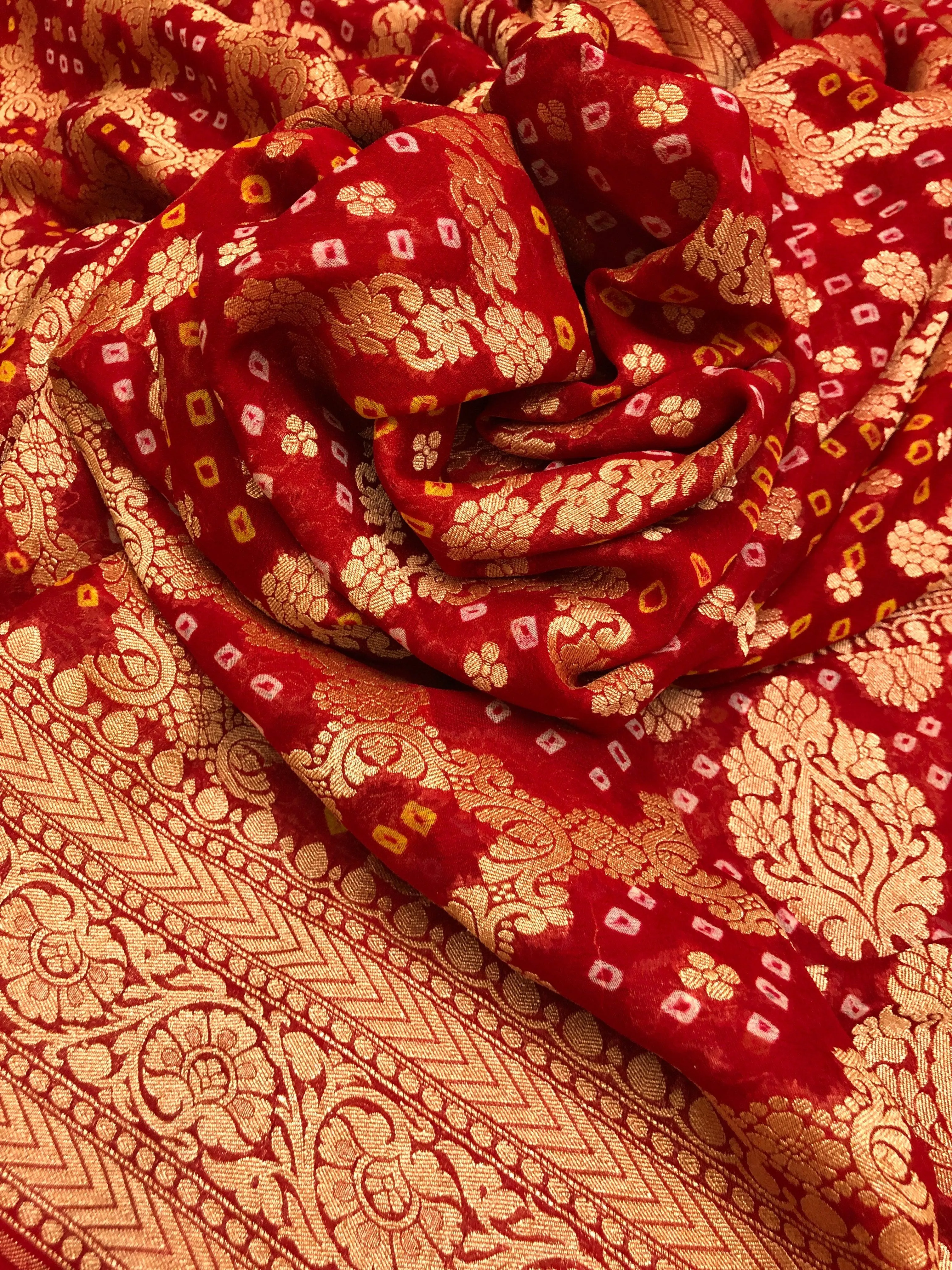 Deep Red Color Khaddi Georgette Banarasi Saree with Hand Bandhani Work