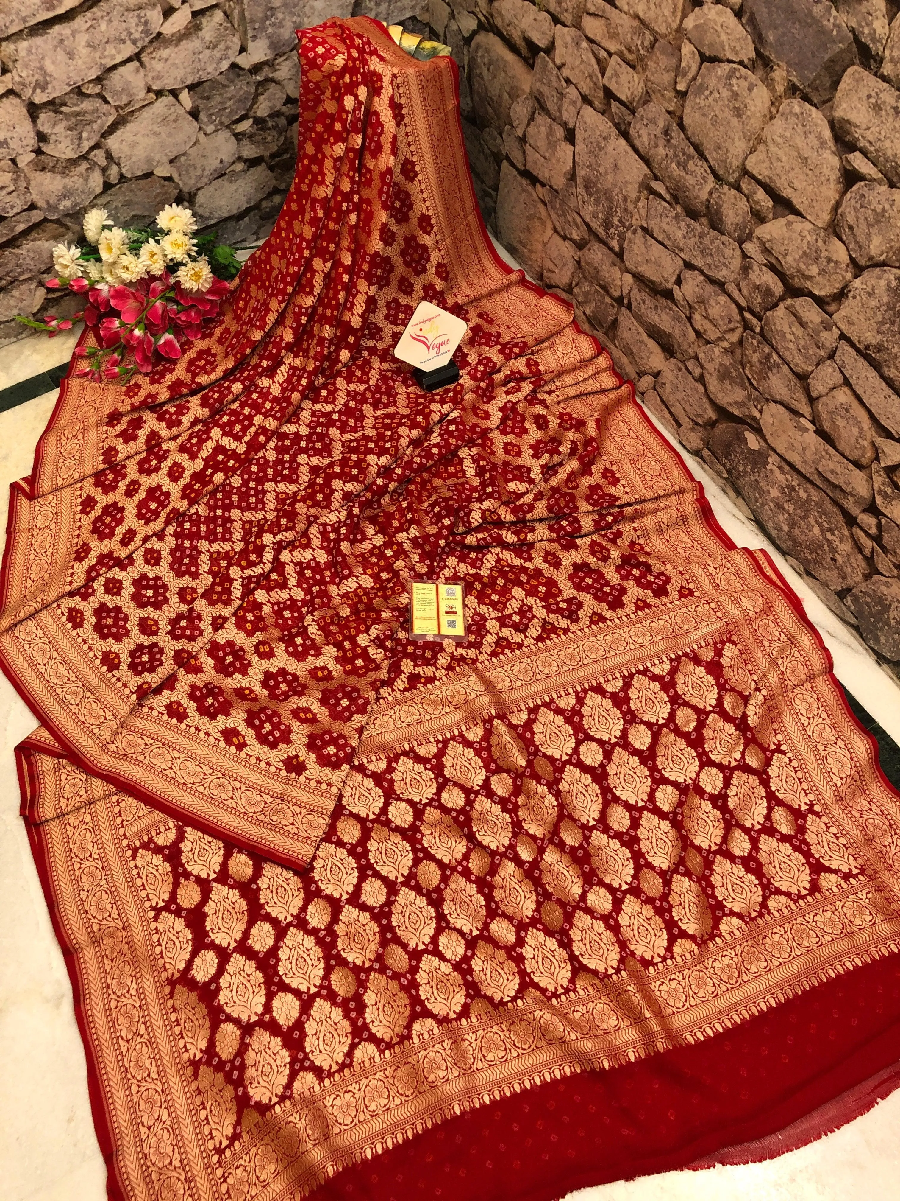 Deep Red Color Khaddi Georgette Banarasi Saree with Hand Bandhani Work