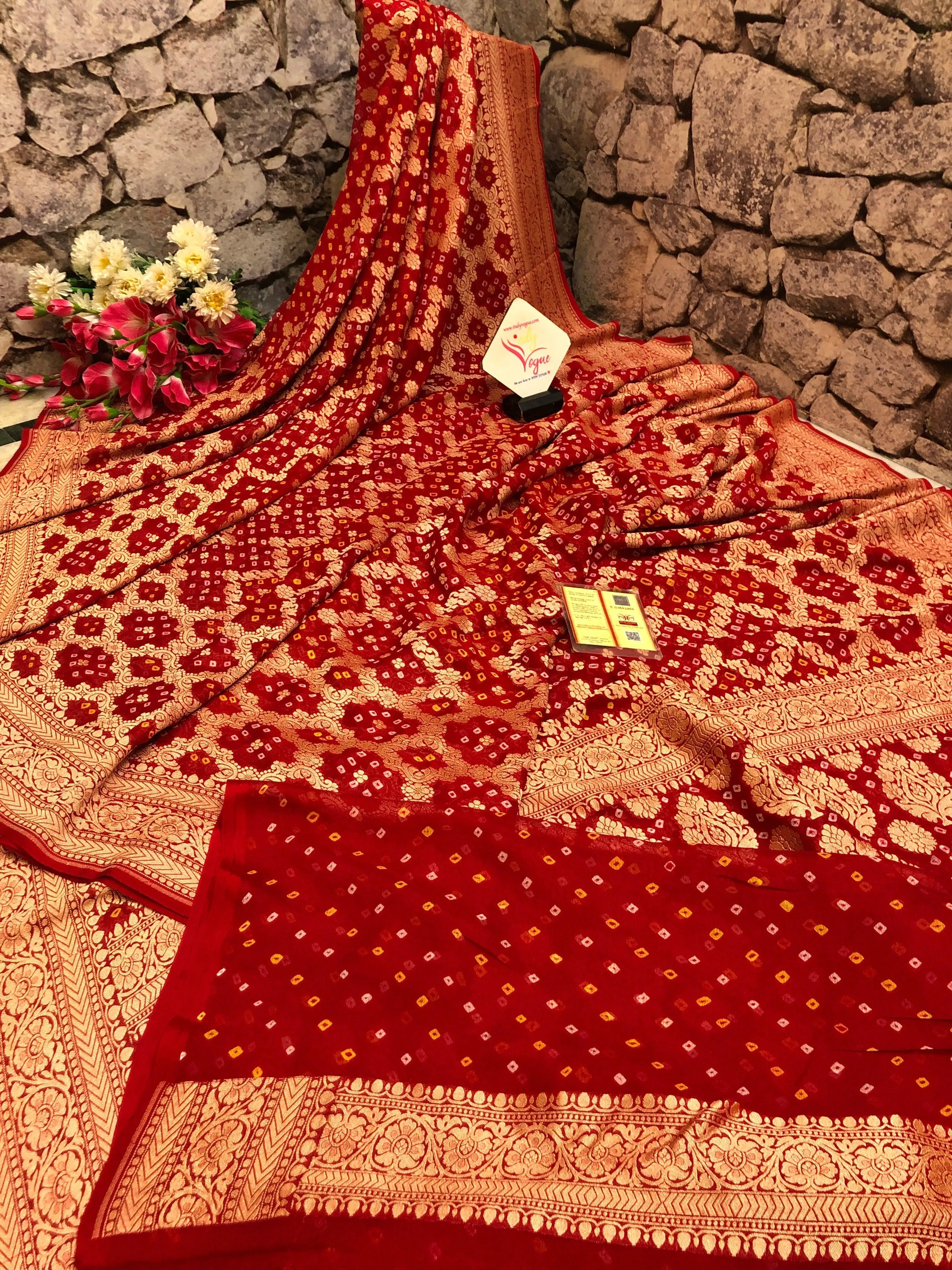 Deep Red Color Khaddi Georgette Banarasi Saree with Hand Bandhani Work