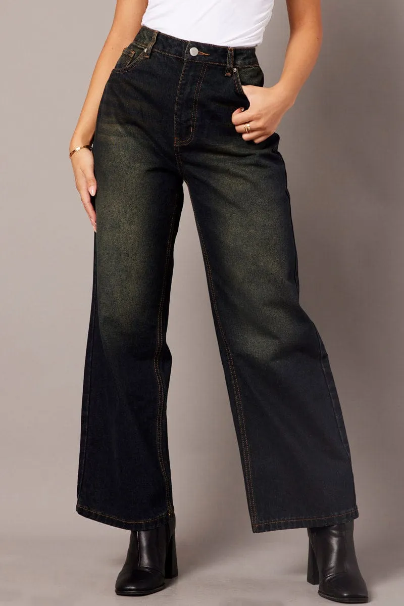 Denim Wide Leg Jean Mid Rise Dirty Wash