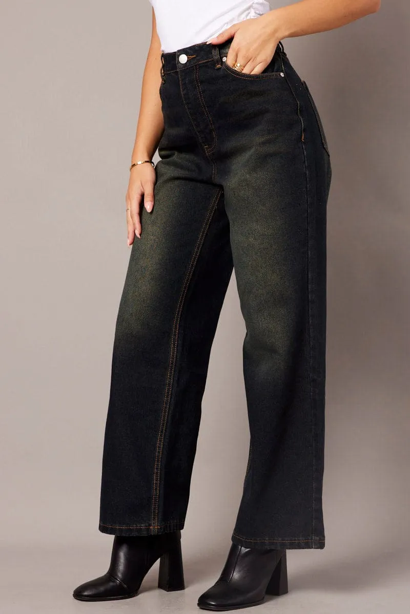 Denim Wide Leg Jean Mid Rise Dirty Wash