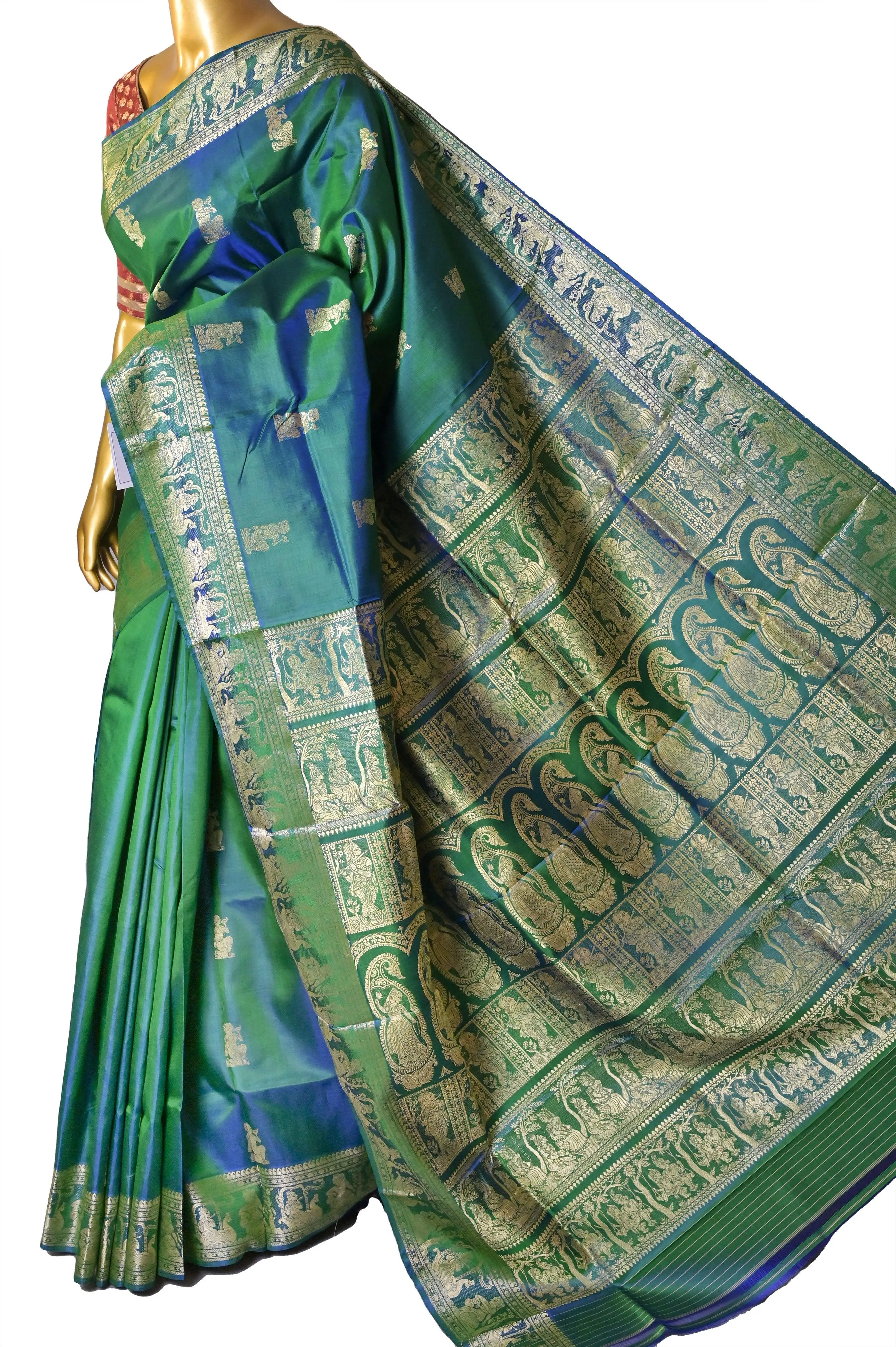 Dual-Tone Green and Blue Pure Baluchari with Meenakari Work