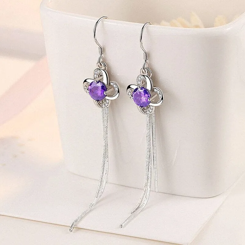 Exquisite Jade Clover Long Tassel Earrings - 925 Sterling Silver