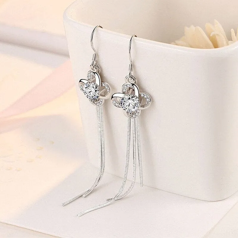 Exquisite Jade Clover Long Tassel Earrings - 925 Sterling Silver