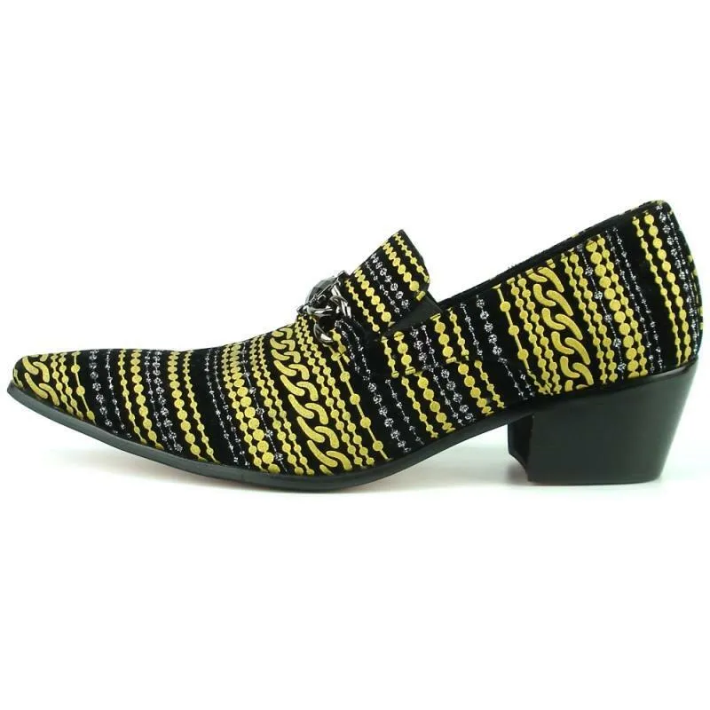 Fiesso Black/Gold Flocking Print Suede Slip on Pointed Toe Shoes FI 7307