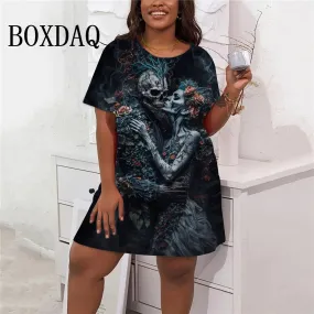 Flower 3D Skull Print Dresses Fashion Plus Size Short Sleeve Loose Dress Women Gothic Style Summer Casual Oversized Clothing 9XL