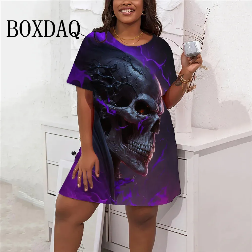 Flower 3D Skull Print Dresses Fashion Plus Size Short Sleeve Loose Dress Women Gothic Style Summer Casual Oversized Clothing 9XL