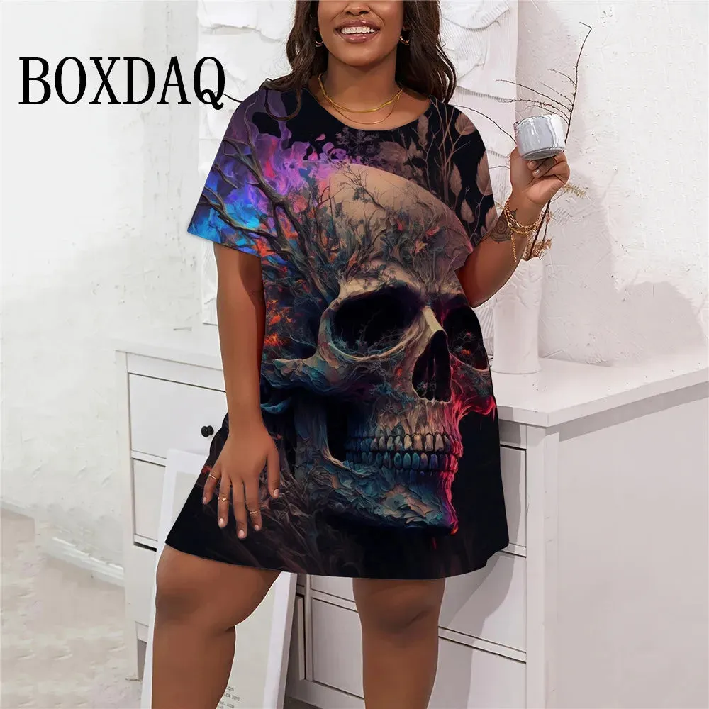 Flower 3D Skull Print Dresses Fashion Plus Size Short Sleeve Loose Dress Women Gothic Style Summer Casual Oversized Clothing 9XL