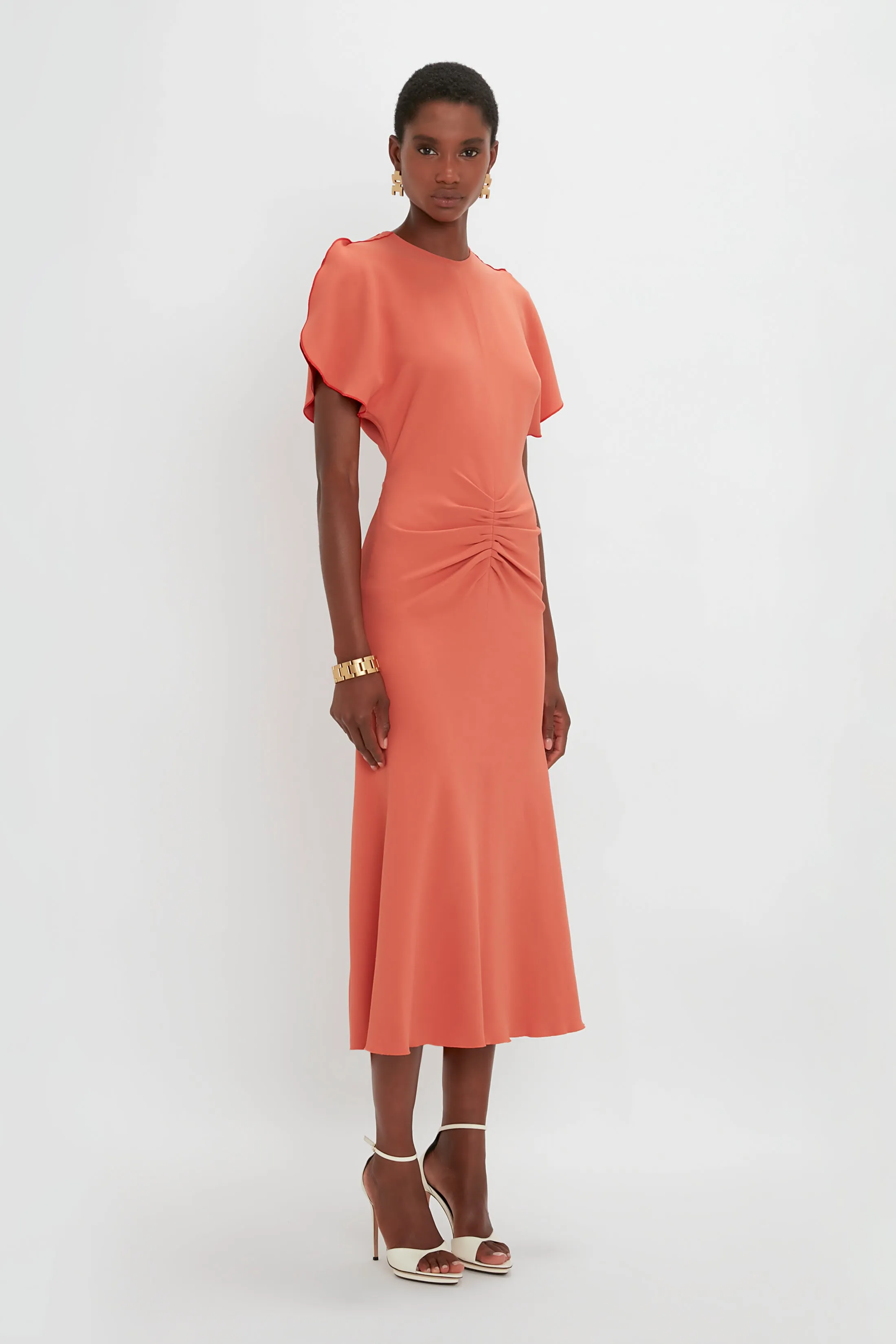 Gathered Waist Midi Dress In Papaya