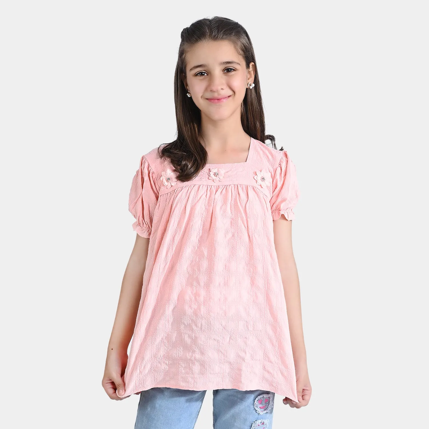 Girls Poly Cotton Casual Top Flora-Peach