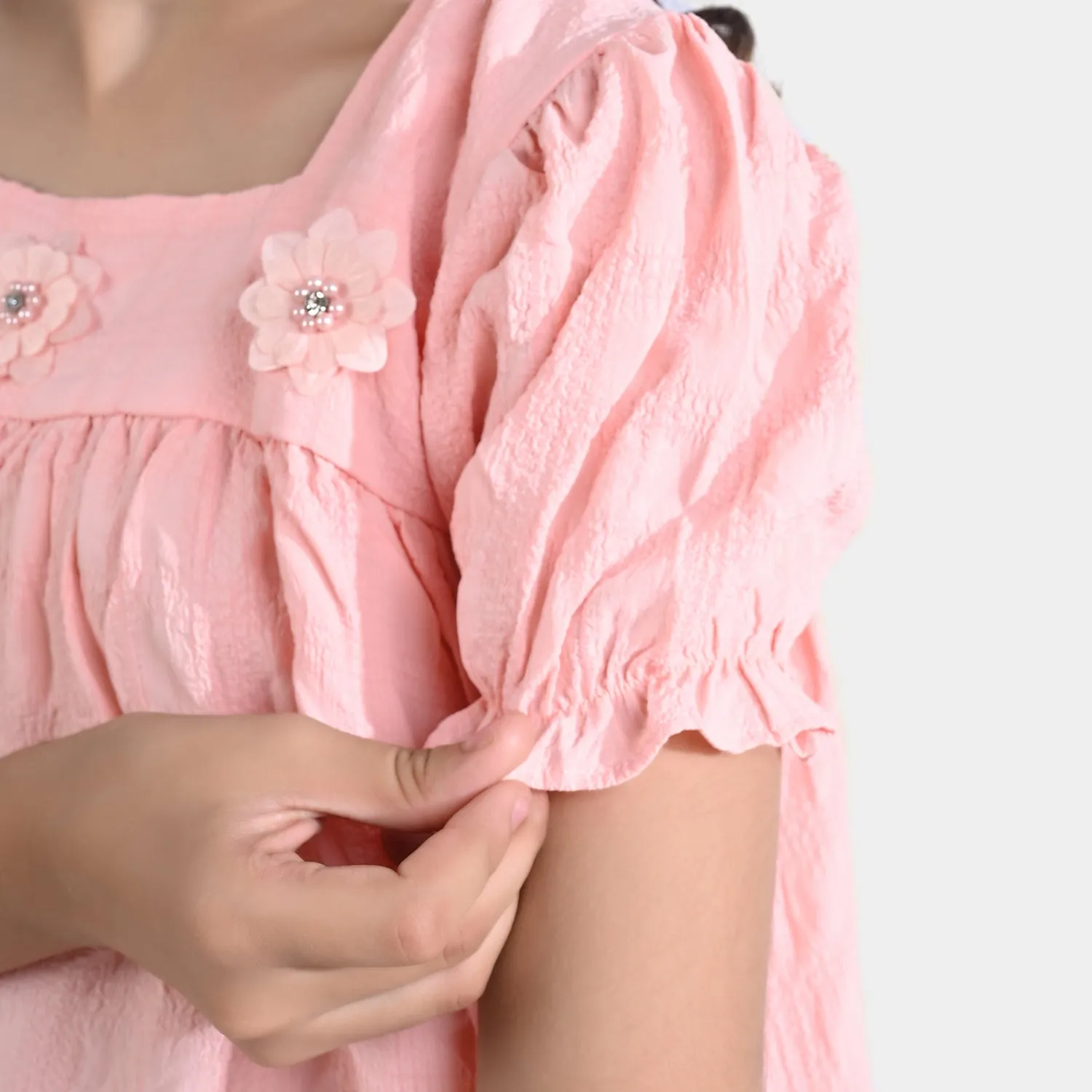 Girls Poly Cotton Casual Top Flora-Peach