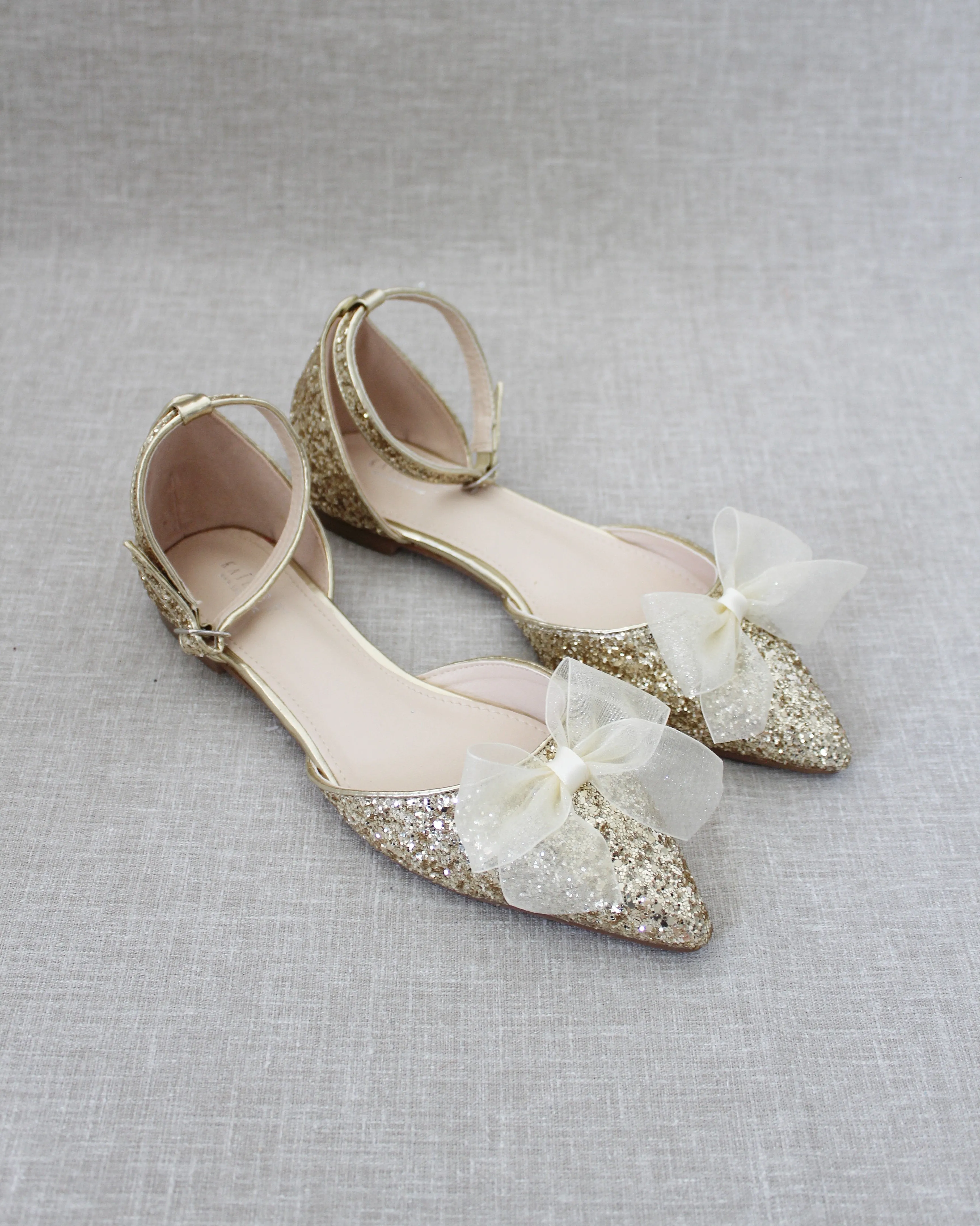 Gold Rock Glitter Pointy Toe Flats with Ankle Strap and Organza Bow