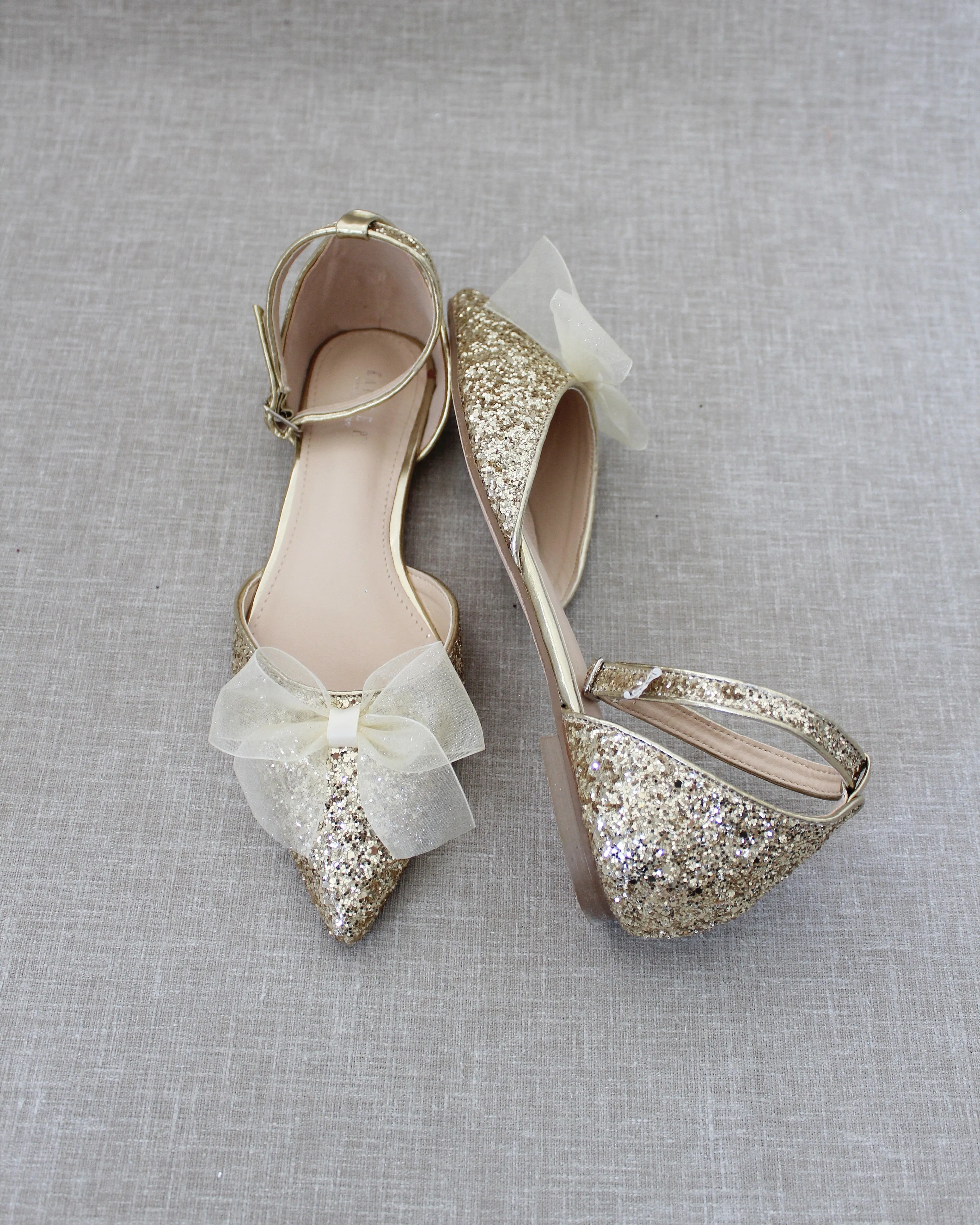 Gold Rock Glitter Pointy Toe Flats with Ankle Strap and Organza Bow