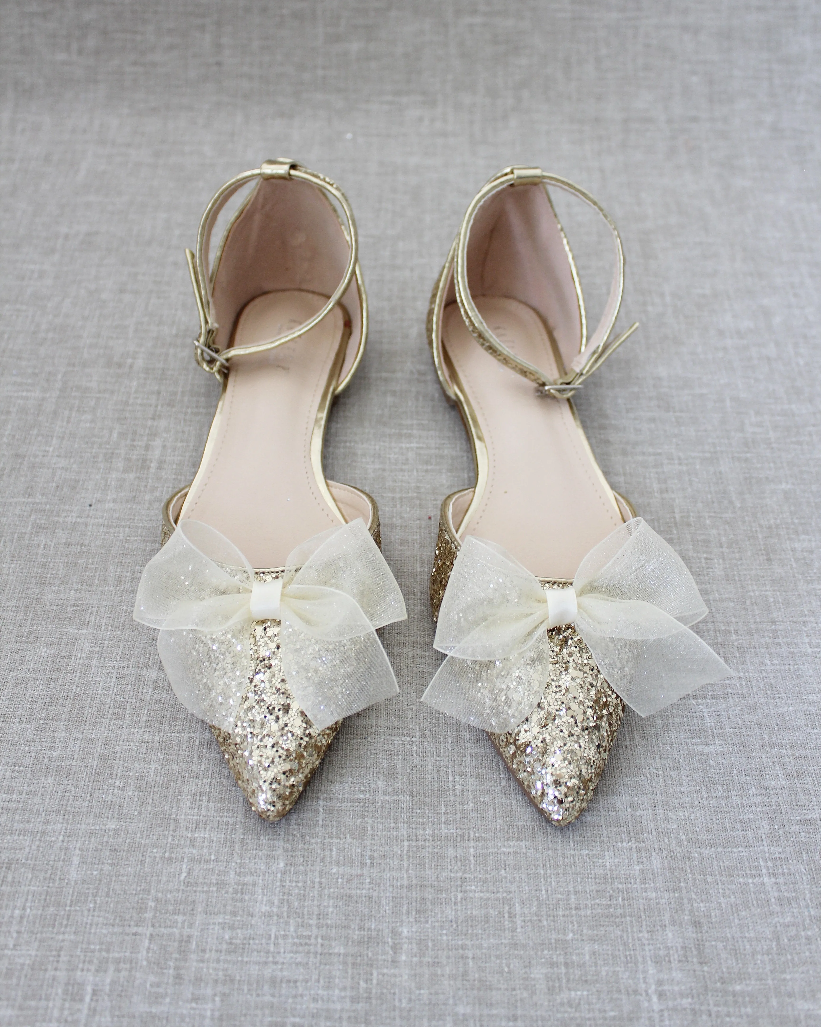 Gold Rock Glitter Pointy Toe Flats with Ankle Strap and Organza Bow