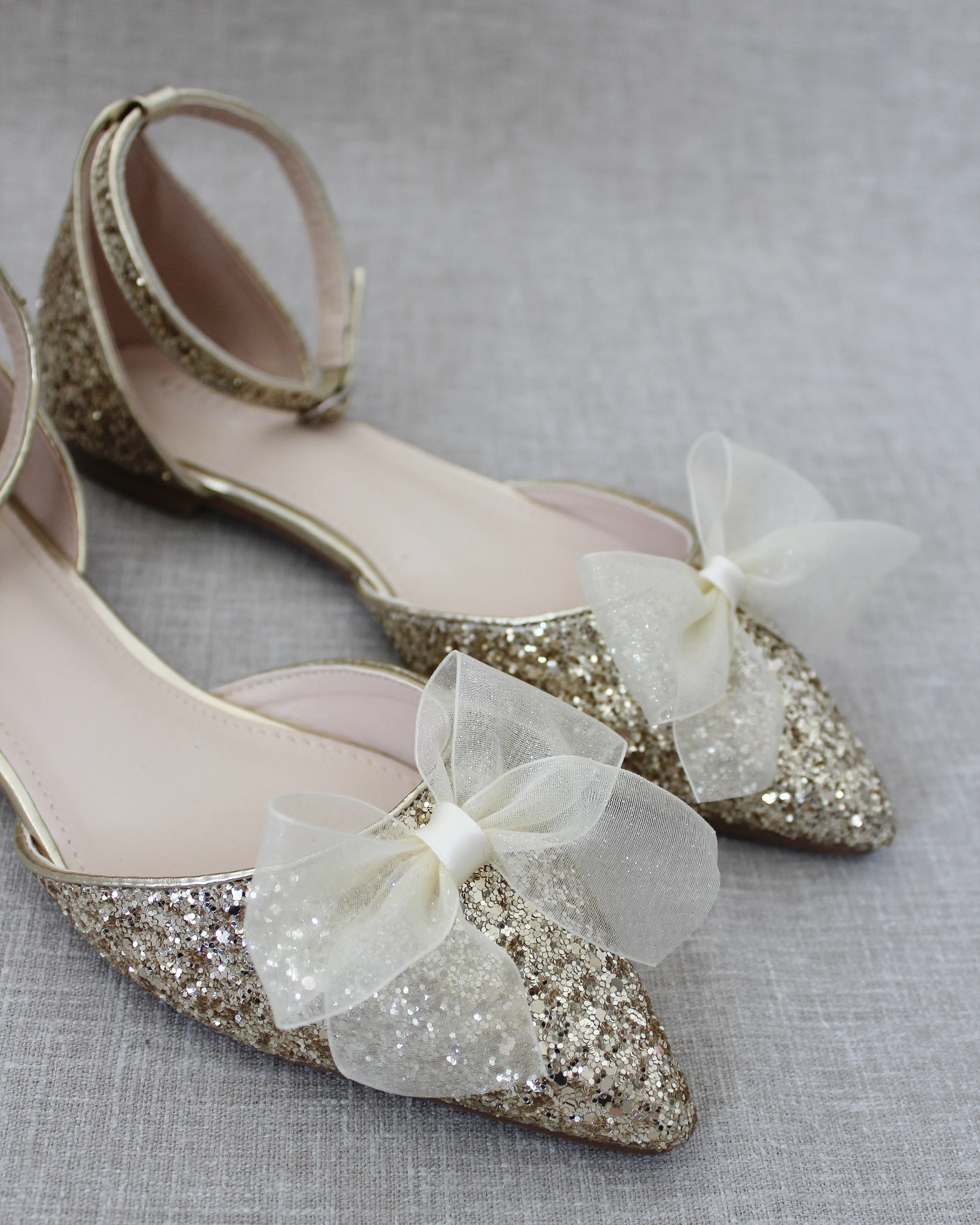 Gold Rock Glitter Pointy Toe Flats with Ankle Strap and Organza Bow