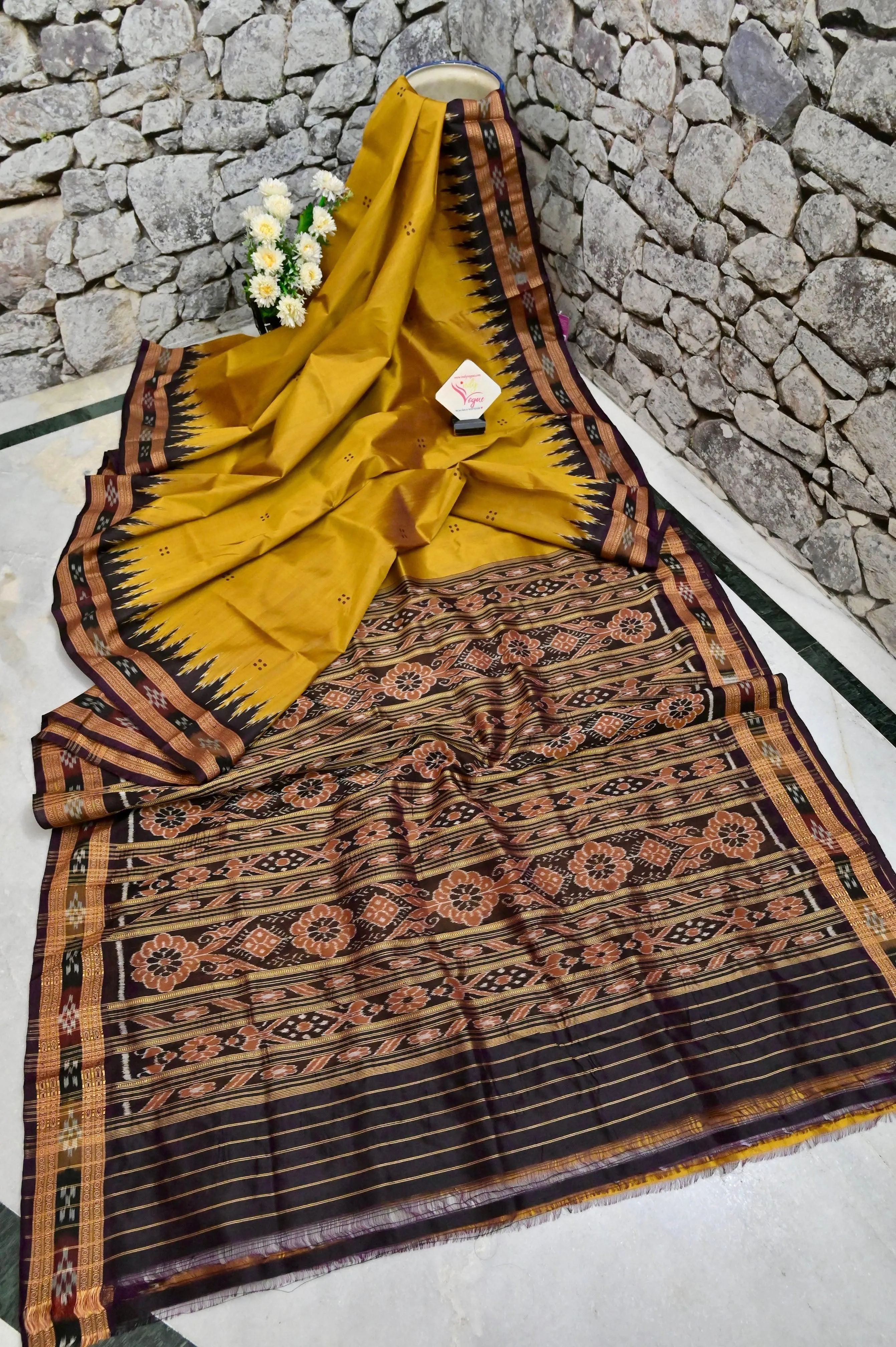 Golden Mustard Color Sambalpuri Silk Saree with Temple Border