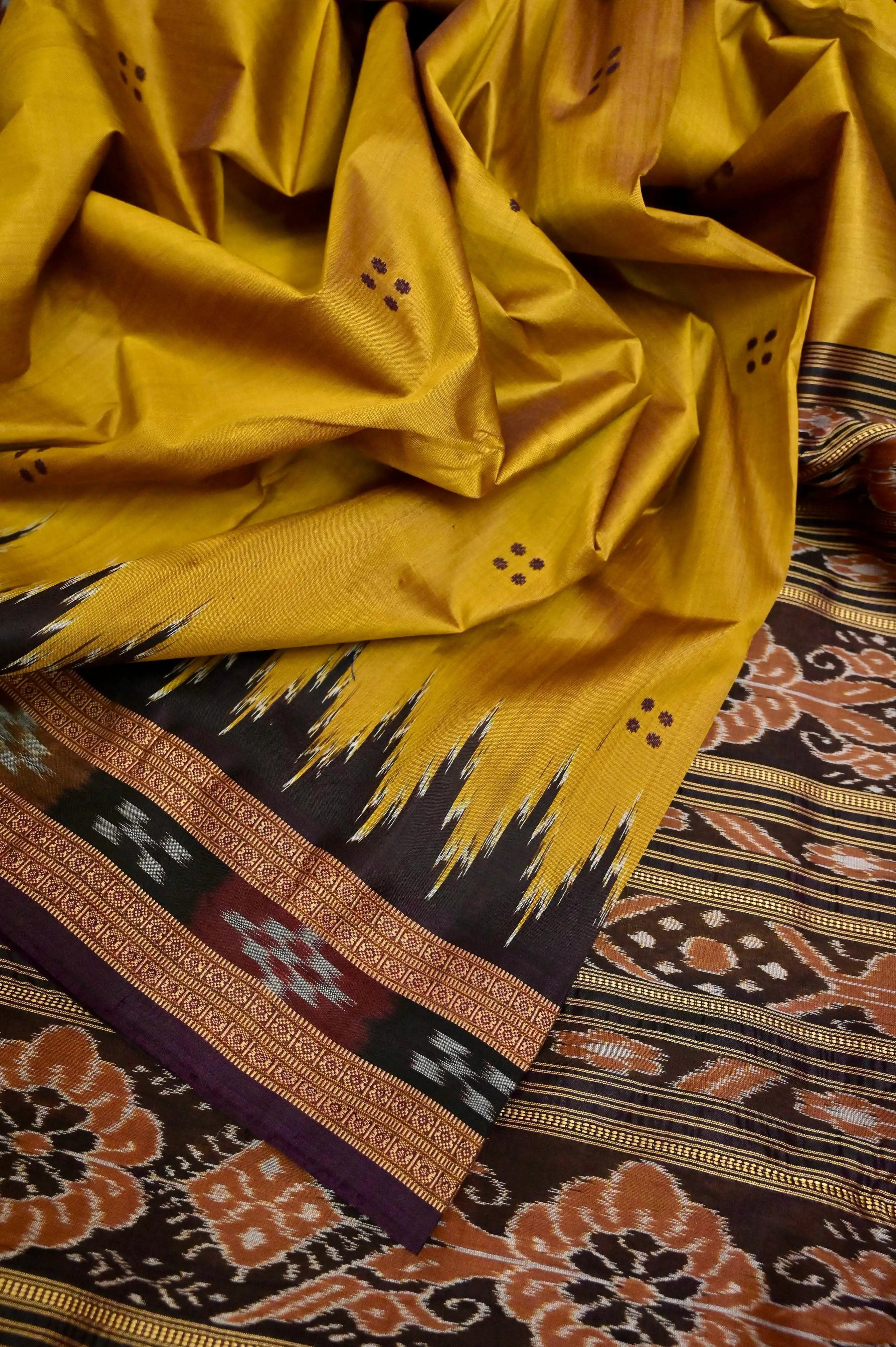 Golden Mustard Color Sambalpuri Silk Saree with Temple Border