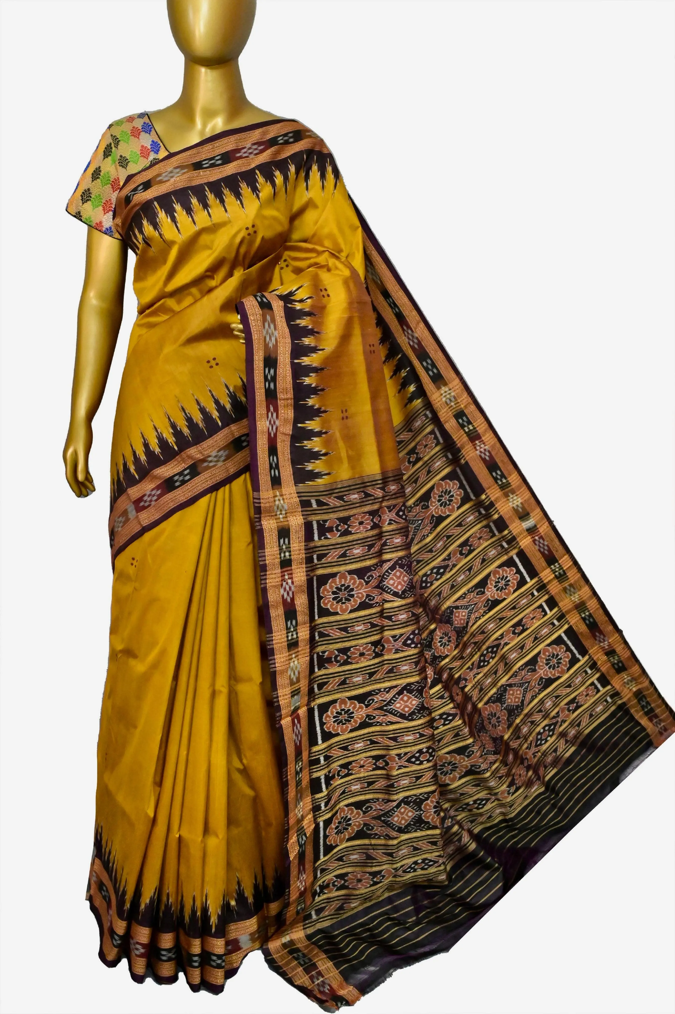 Golden Mustard Color Sambalpuri Silk Saree with Temple Border