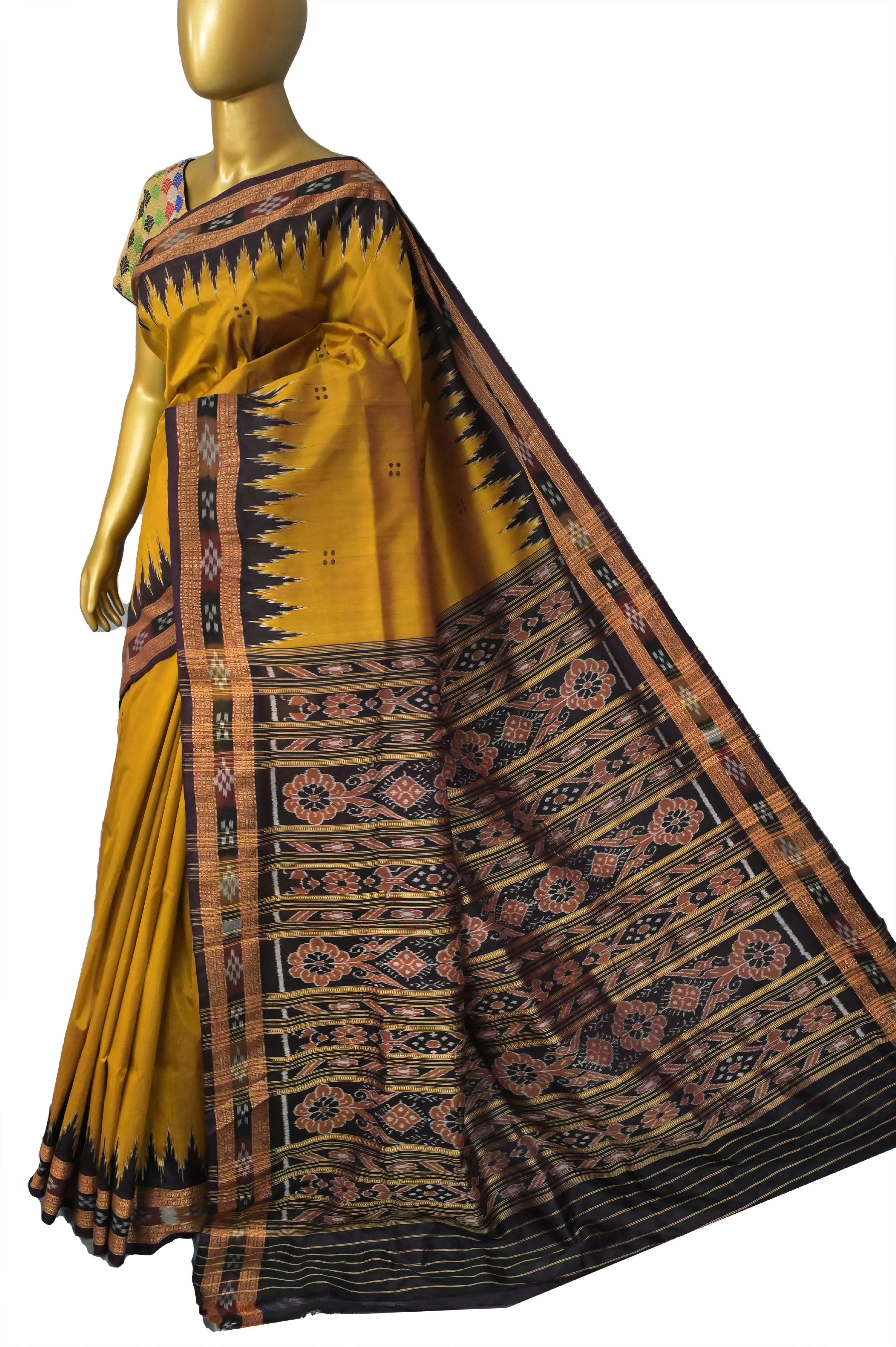 Golden Mustard Color Sambalpuri Silk Saree with Temple Border