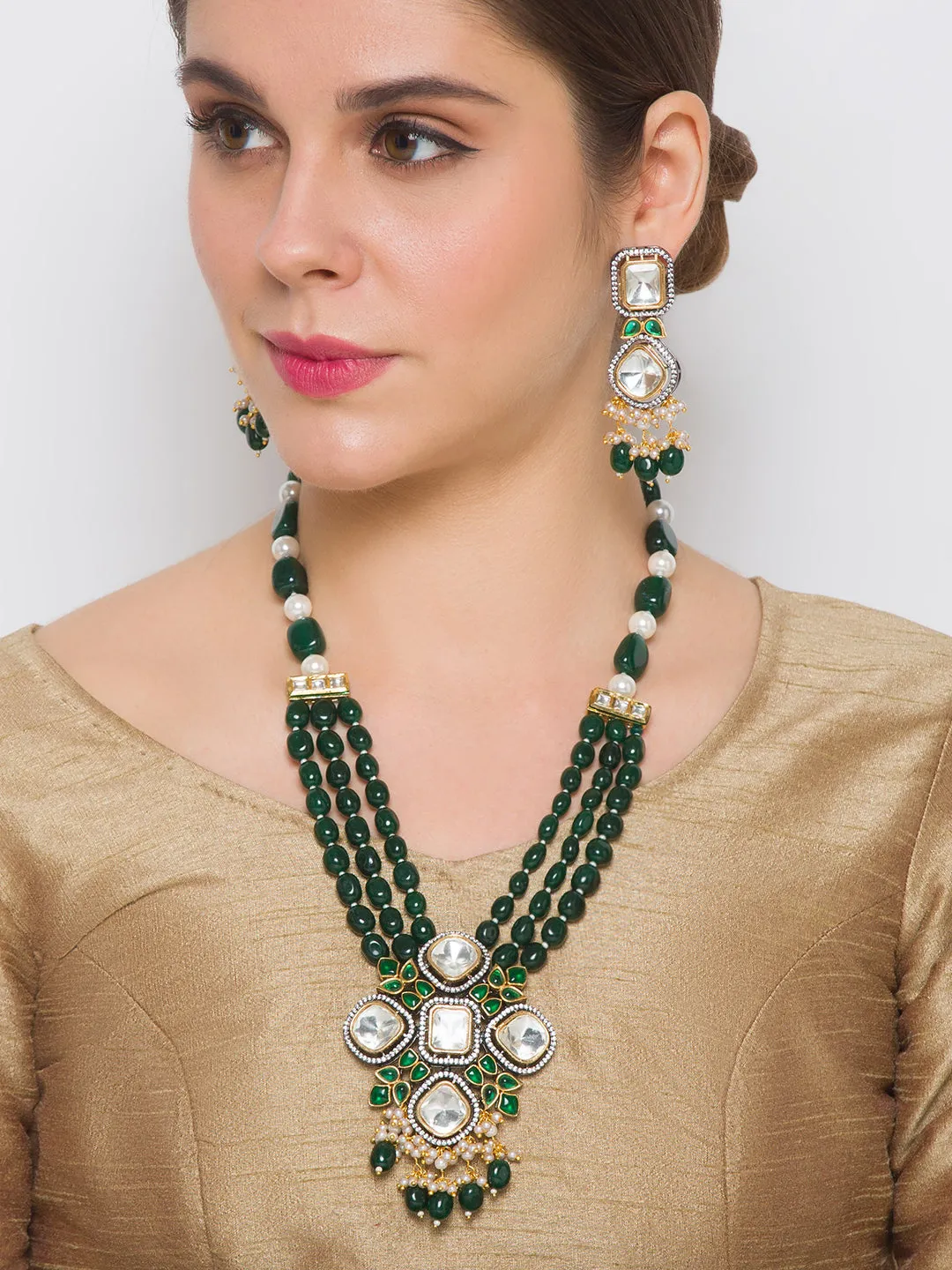 Golden, Pearly White, Green,  Kundan Polki, Necklace Set