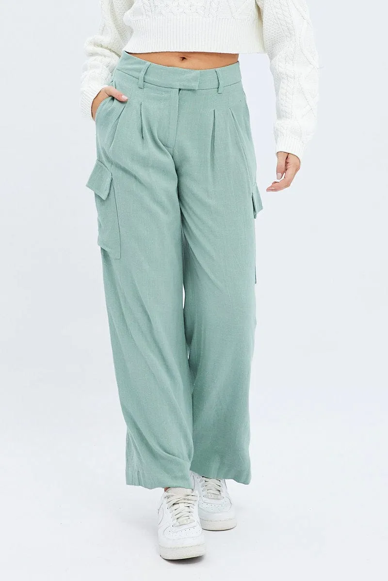 Green Cargo Pants Low Rise Wide Leg