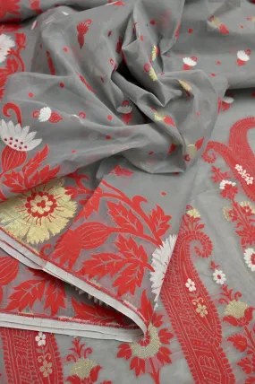 Grey and Red Color Jamdani Saree