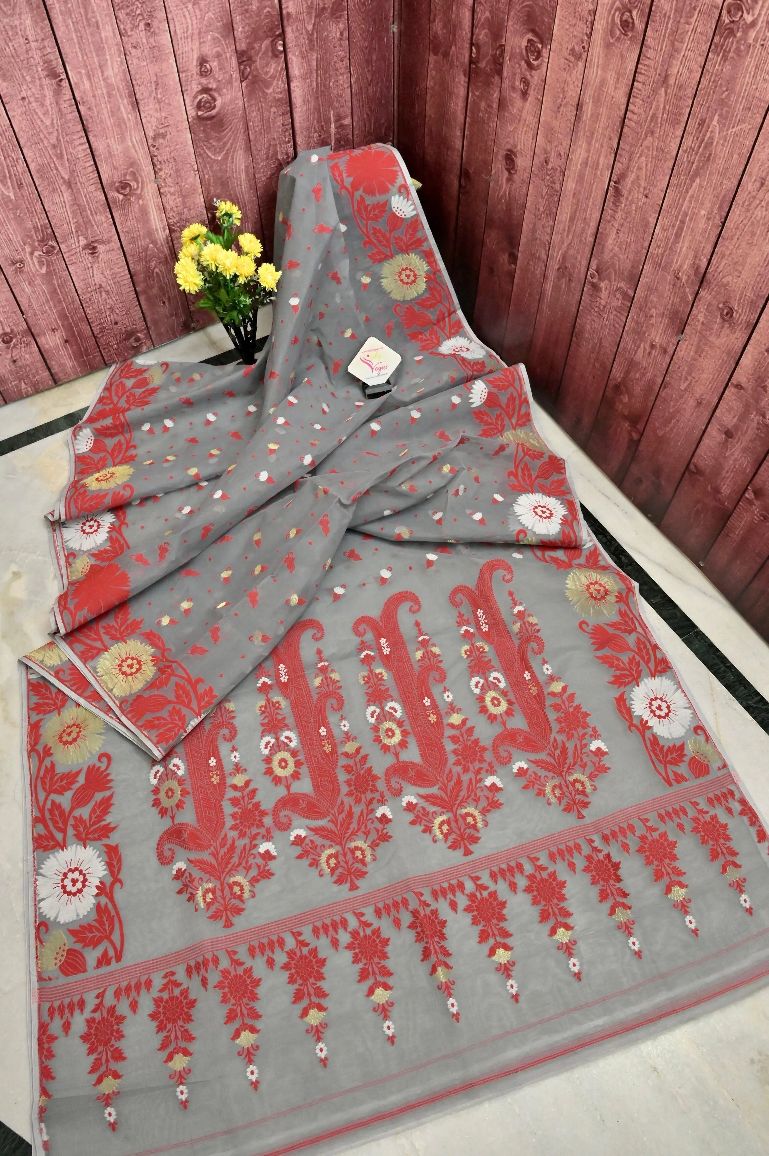 Grey and Red Color Jamdani Saree