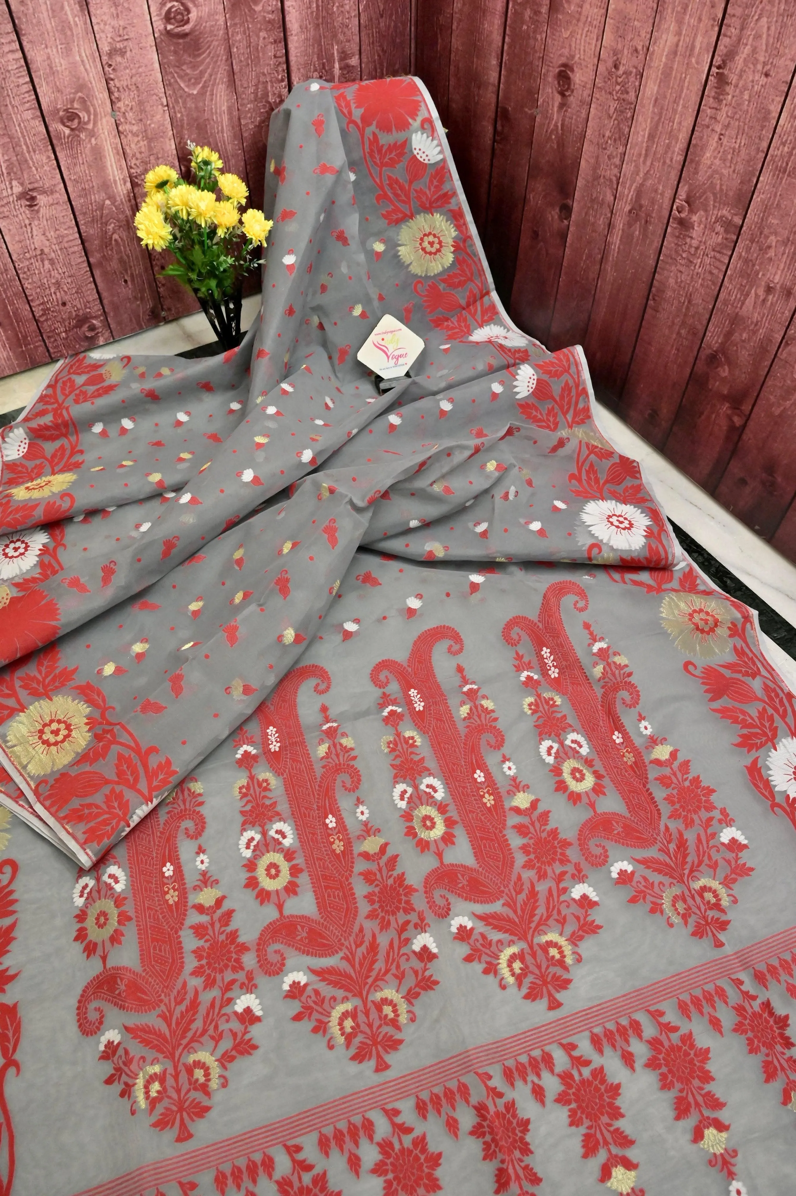 Grey and Red Color Jamdani Saree