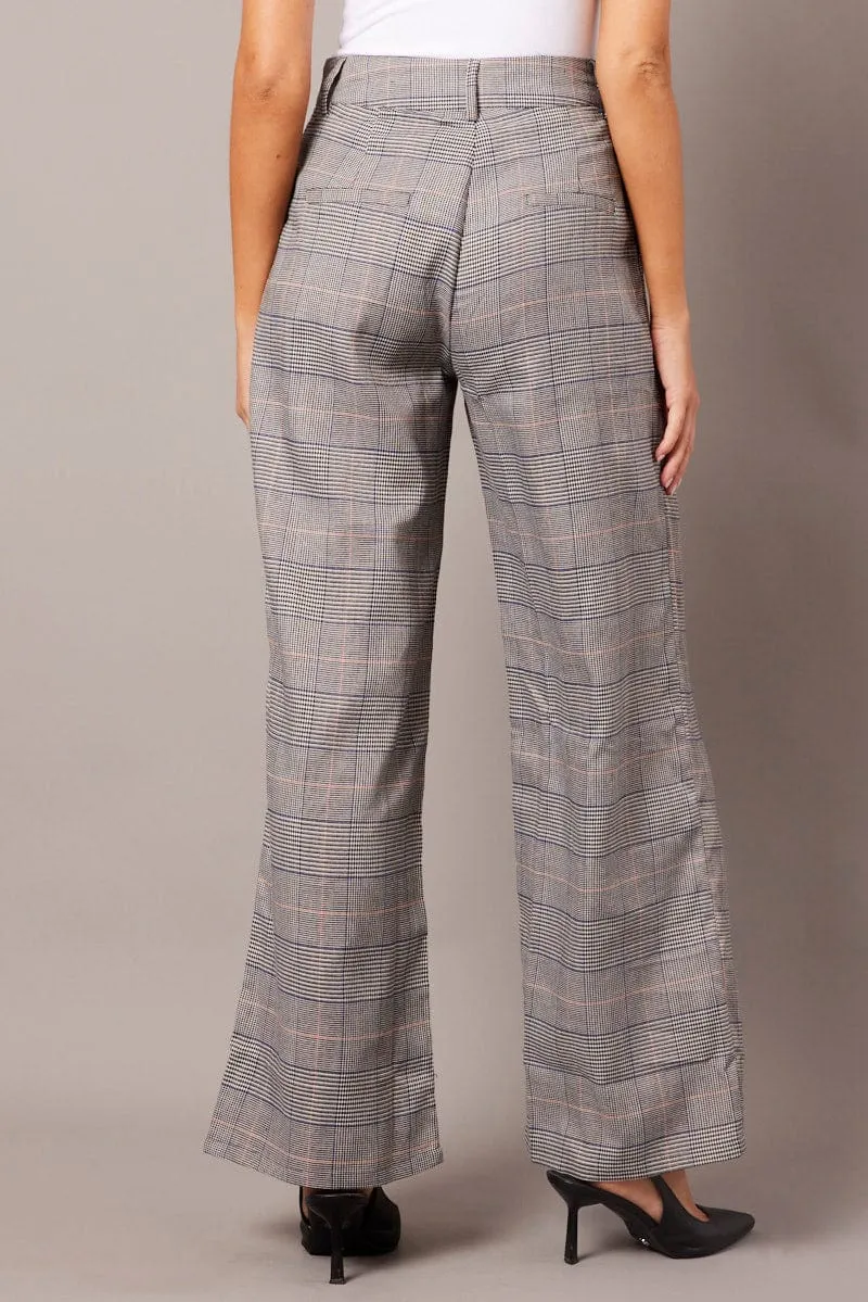 Grey Check Wide Leg Pants Tailored