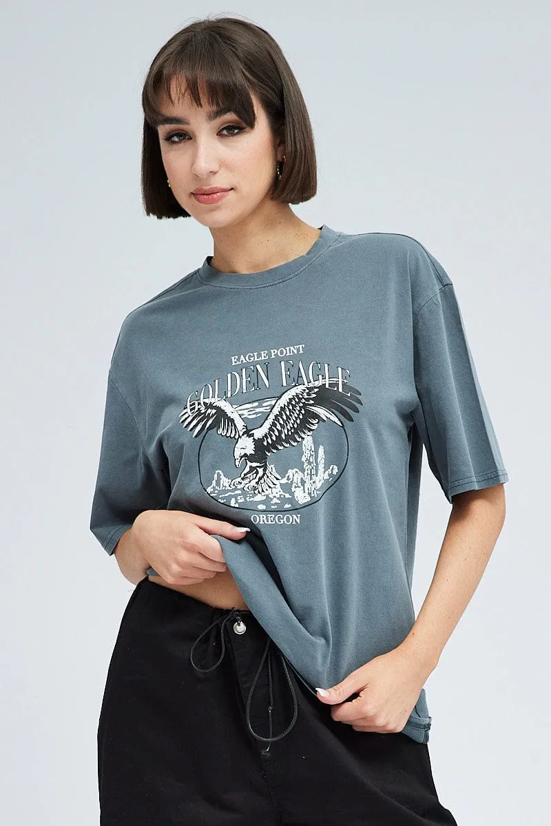 Grey Graphic Tee Short Sleeve Crew Neck Print