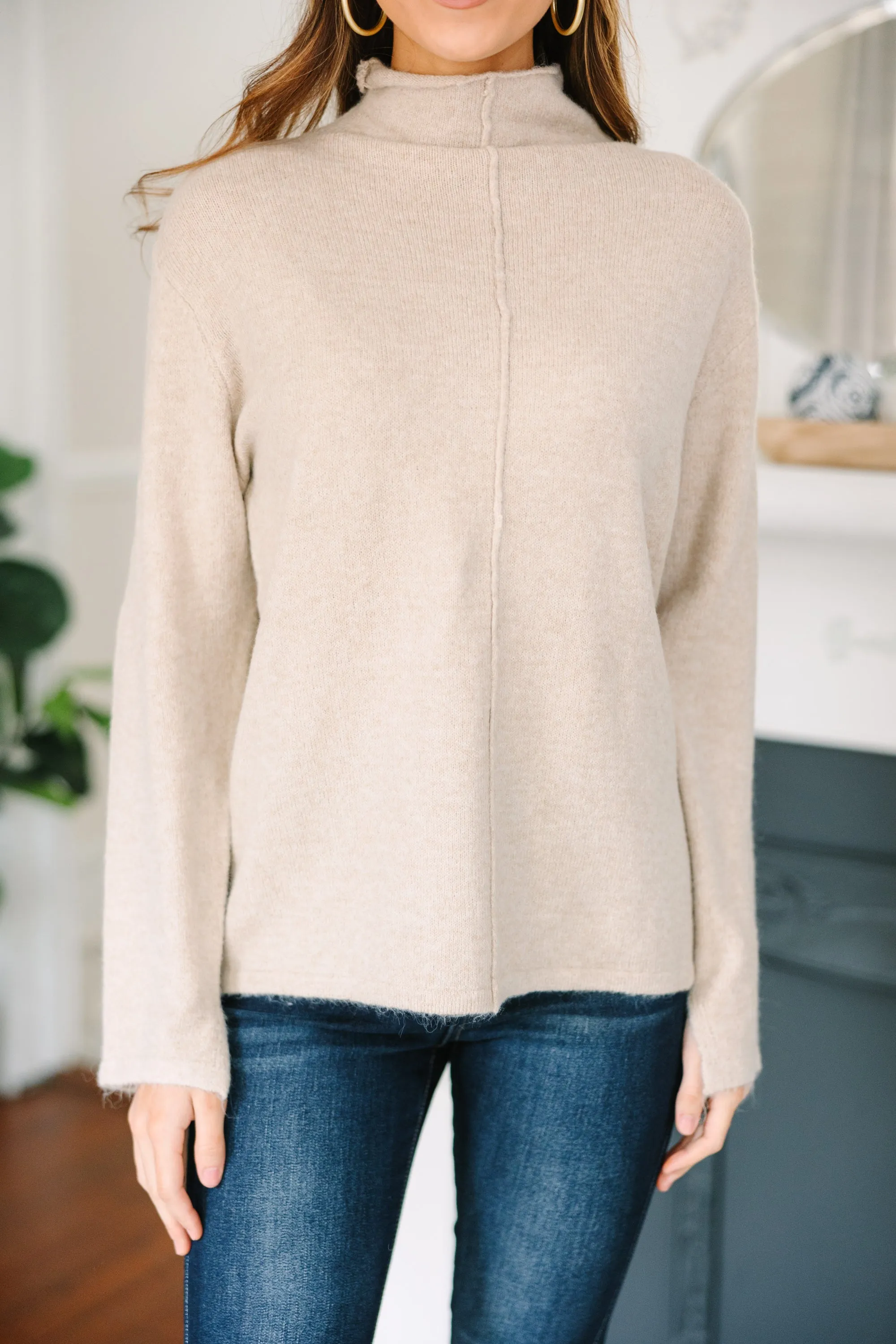 Hear It All Oatmeal Brown Mock Neck Sweater