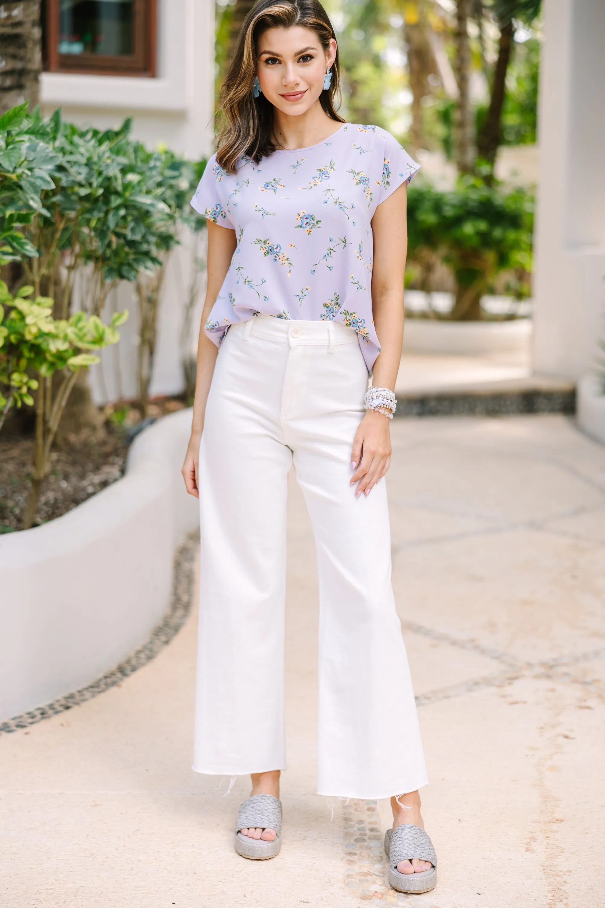 Hello Beautiful Lavender Purple Ditsy Floral Cap Sleeve Top