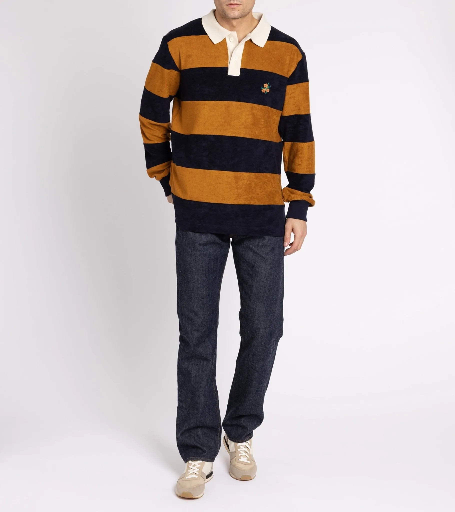 Howlin' A Barrel Of Fun Striped Terry Towel Long Sleeve Polo Shirt: Almond