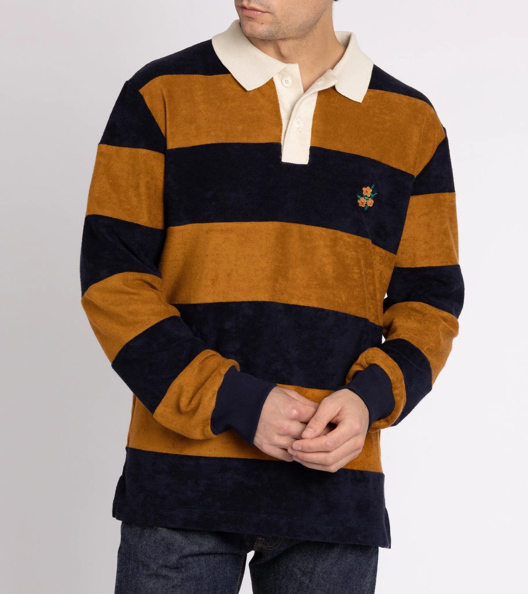 Howlin' A Barrel Of Fun Striped Terry Towel Long Sleeve Polo Shirt: Almond